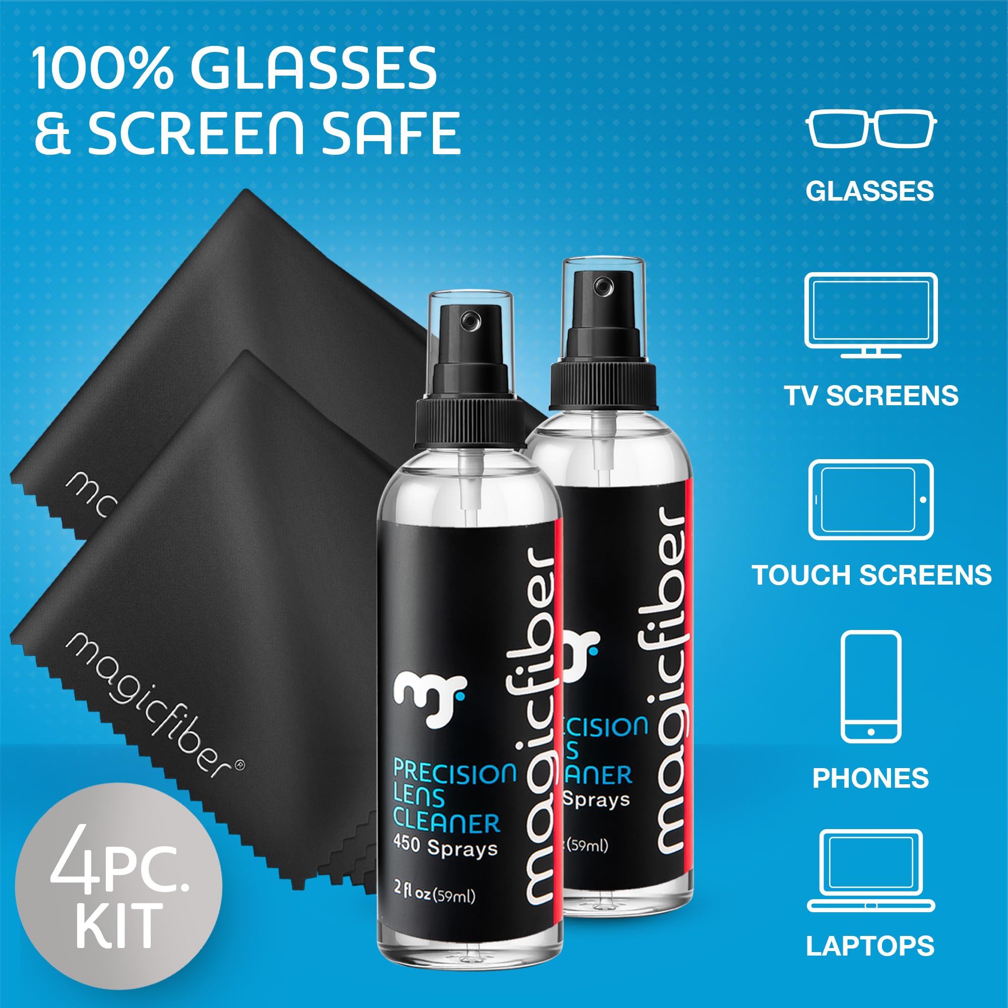 MagicFiber Glasses Cleaner Kit - 2 Eyeglass Cleaner Sprays + 2 Microfiber Cleaning Cloths - Premium Eye Glass Cleaners Spray and Glasses Wipes - Lens Cleaner Fluid, Microfiber Cleaning Cloth Set