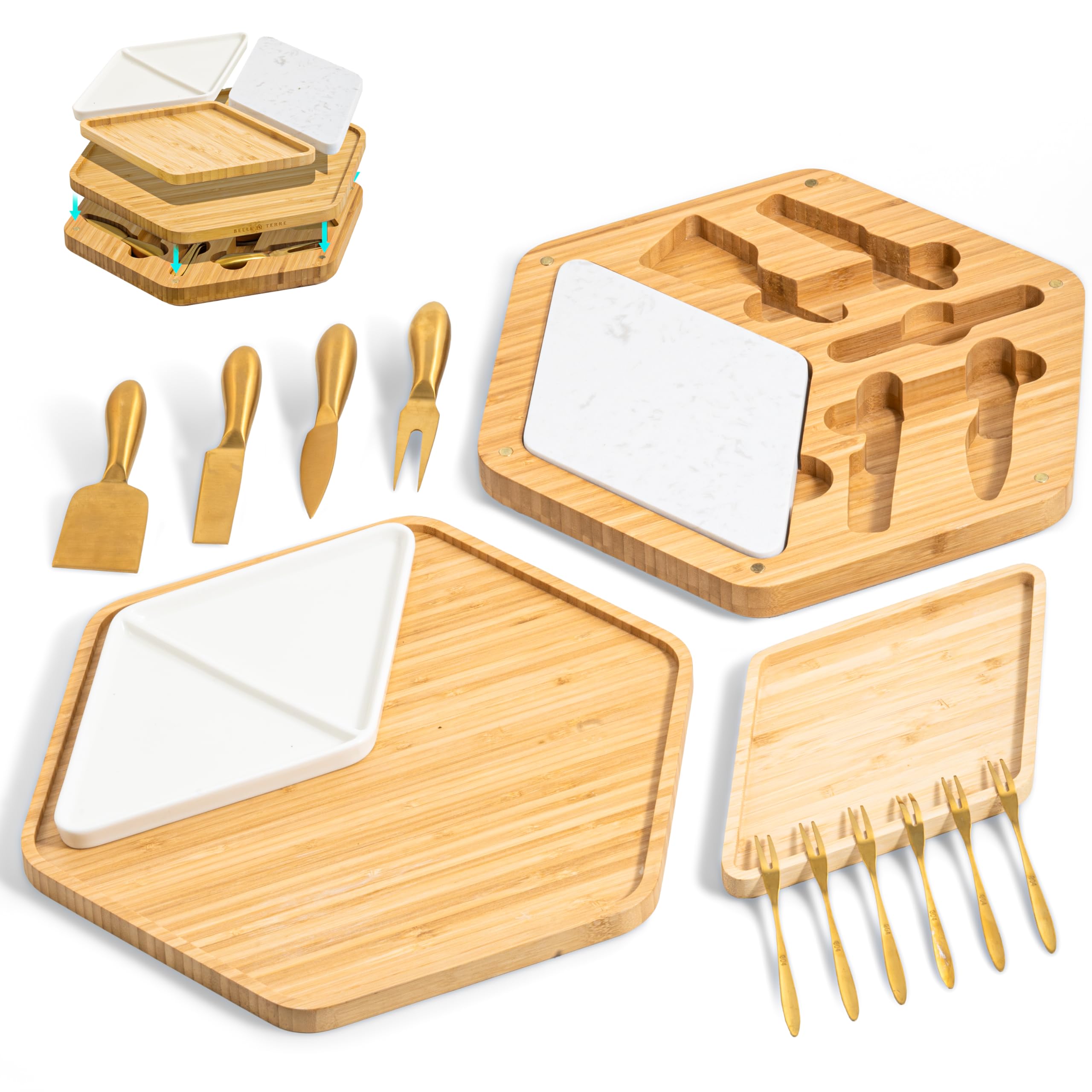 Premium Bamboo Cheese Board and Knife Set - Versatile Charcuterie Board Gift Set with High-Grade Steel Gold Cutlery, Eco-Friendly Giant Modular Design for Entertaining, Ideal for Foodies & Couples