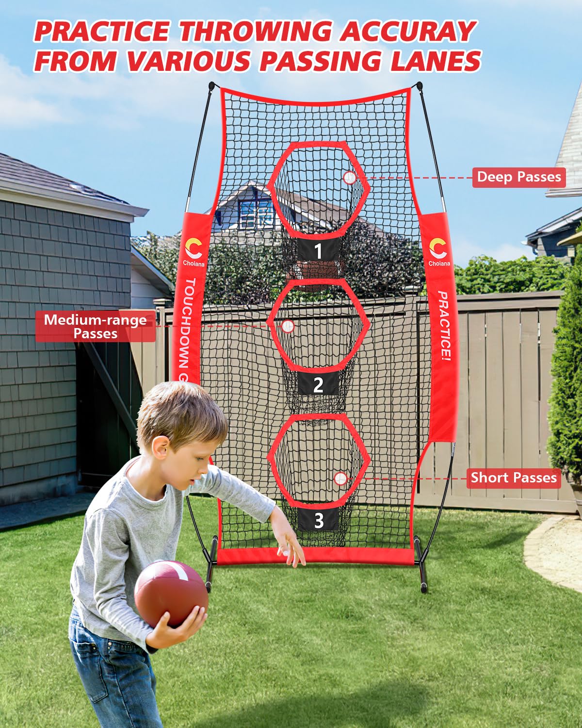 Choiana Football Net, 8 x 4ft Football Throwing Target Net Trainer w/ 3 Pockets, Practice Net Quarterback Training Equipment for Throw Accuracy Improving w/Carry Bag, Ground Stake for Backyard Kids