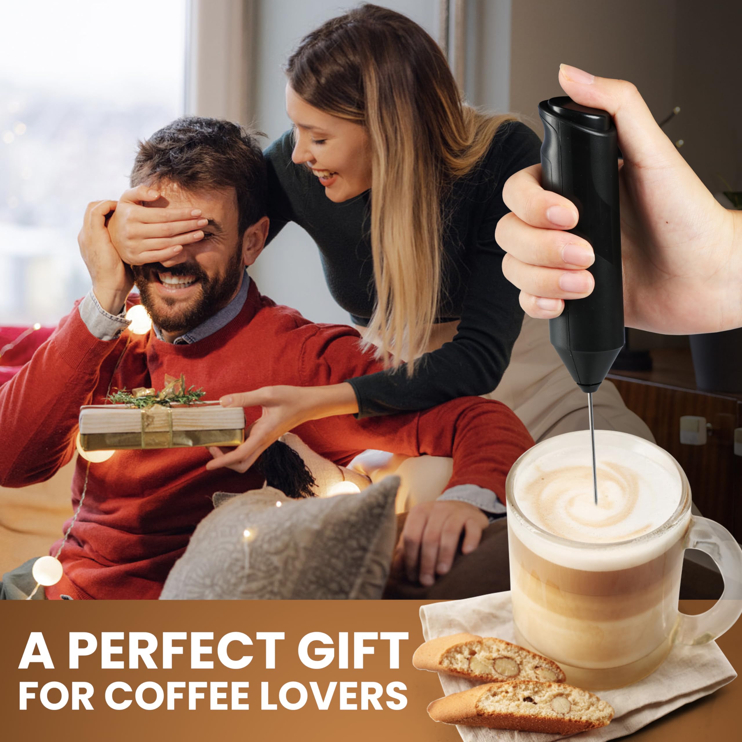 InfiniPower Milk Frother Handheld with Stainless Steel Stand, Battery Operated Whisk Maker Hand Drink Mixer for Lattes, Coffee, Cappuccino, Matcha, Black