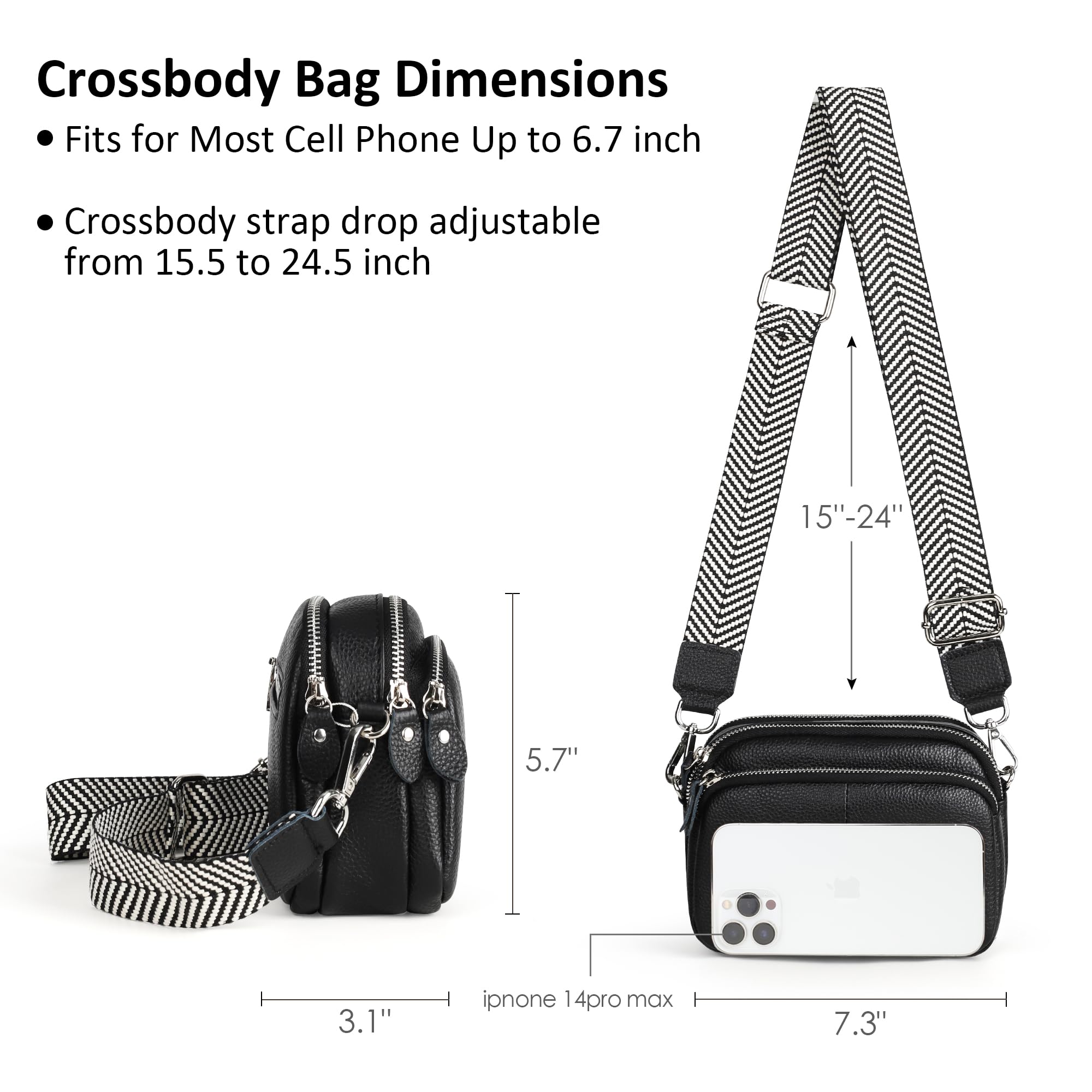 befen Black Small Genuine Leather Triple Zip Genuine Leather Camera Crossbody Bags for Women,Cell Phone Purse Shoulder Handbags with Credit Card Slots
