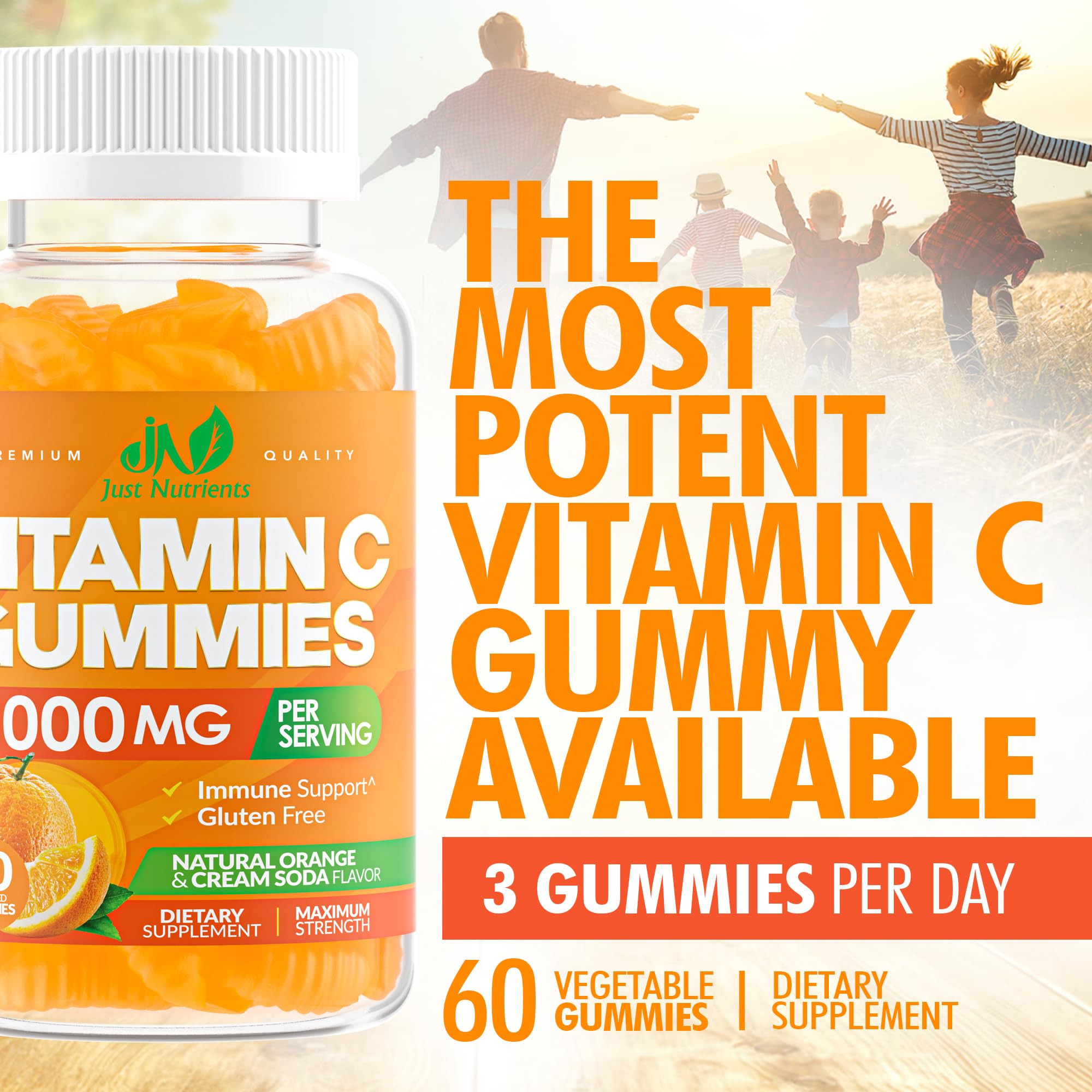 Vitamin C 1000mg Gummies for Adults & Kids – Multivitamin with Zinc & Herbal Extracts for Immune & Collagen Support for Skin – Orange Flavor – Gluten Free, Non-GMO, Vegetarian – 60 Gummies