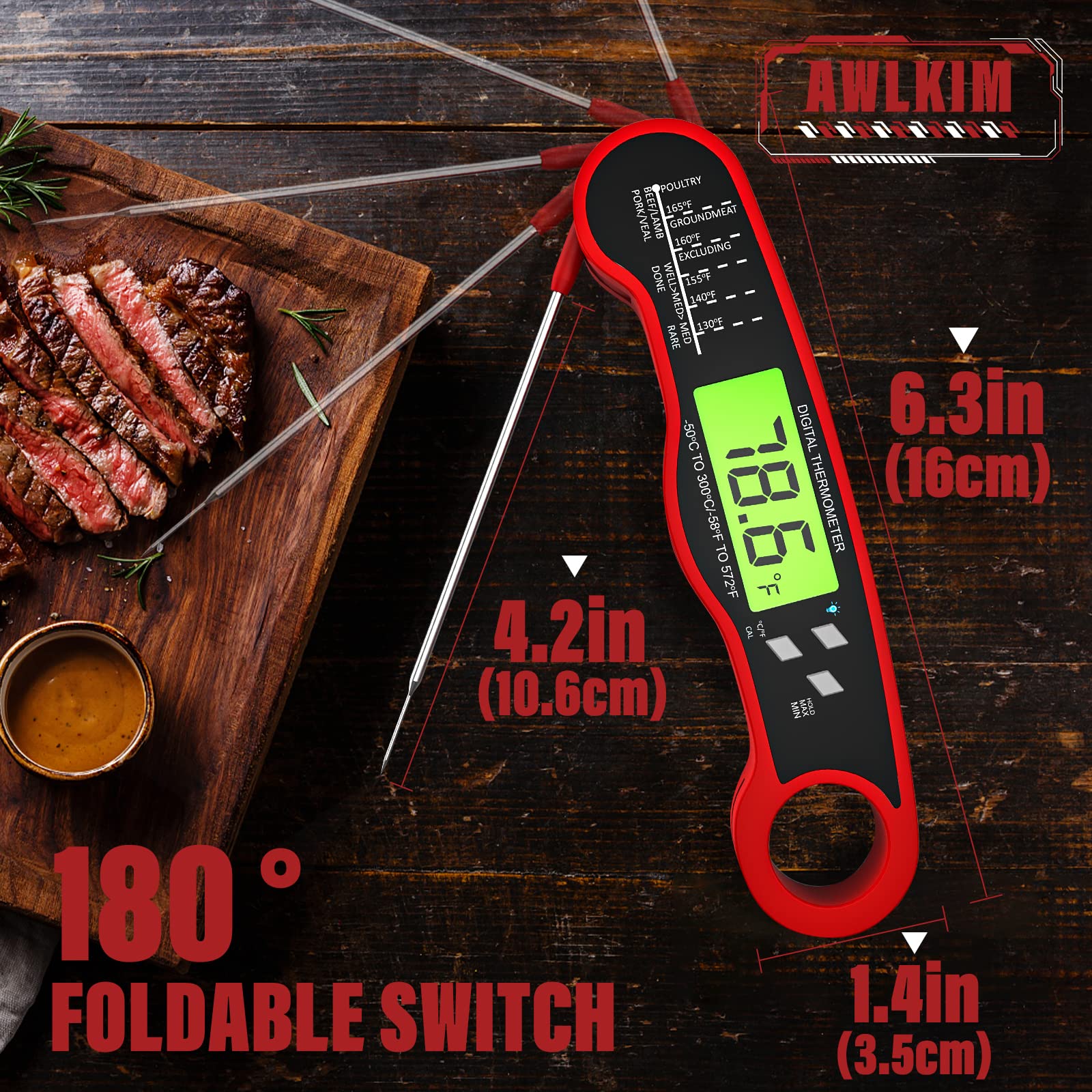 AWLKIM Meat Thermometer Digital - Fast Instant Read Food Thermometer for Cooking, Candy Making, Outside Grill, Waterproof Kitchen Thermometer with Backlight & Hold Function - Red