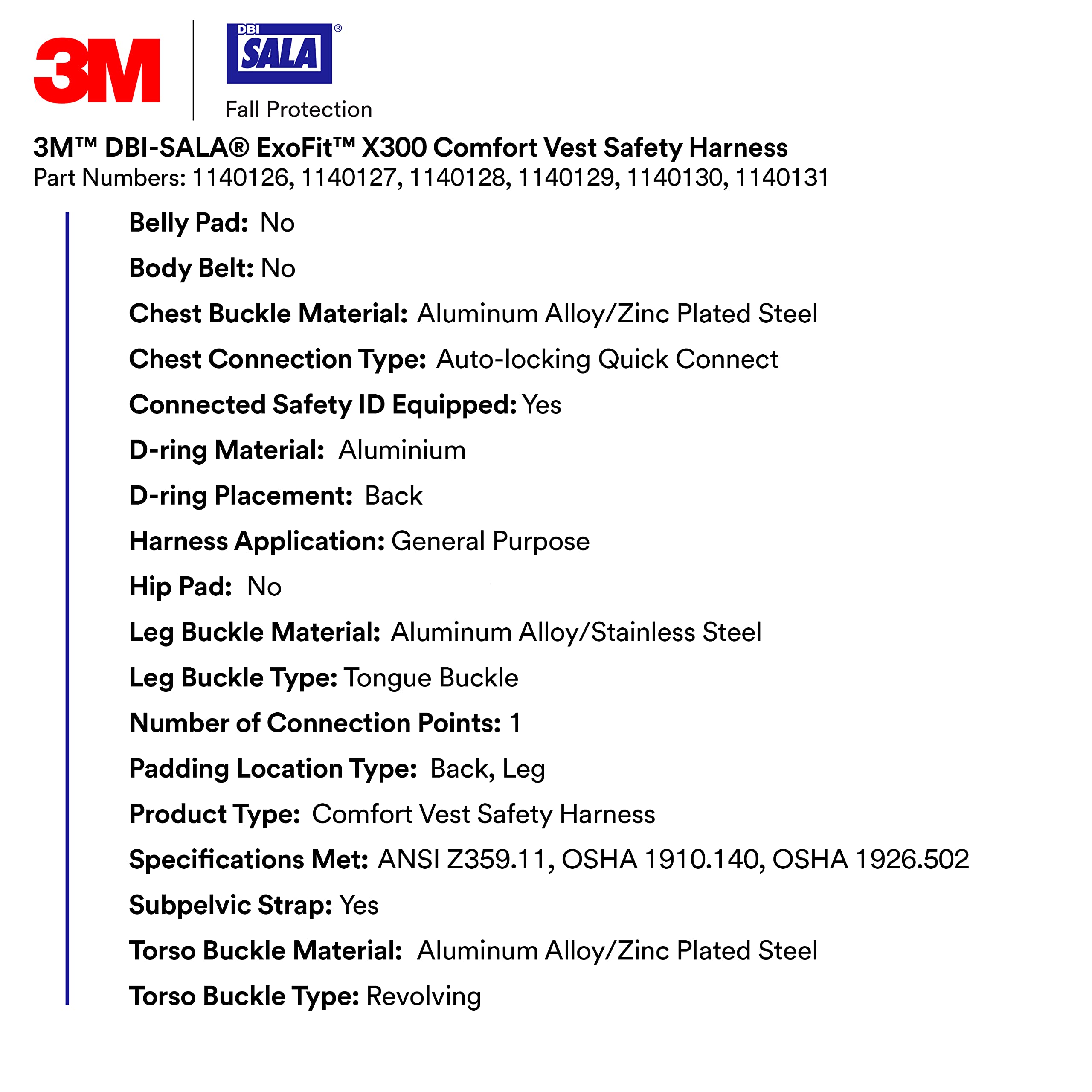 3M DBI-SALA ExoFit X300 Comfort Vest Safety Harness Fall Protection, General Industry, OSHA, ANSI, Tongue Buckle Leg Strap, Back D-Ring, Auto-Locking Quick-Connect Chest Buckle, 1140128, Medium