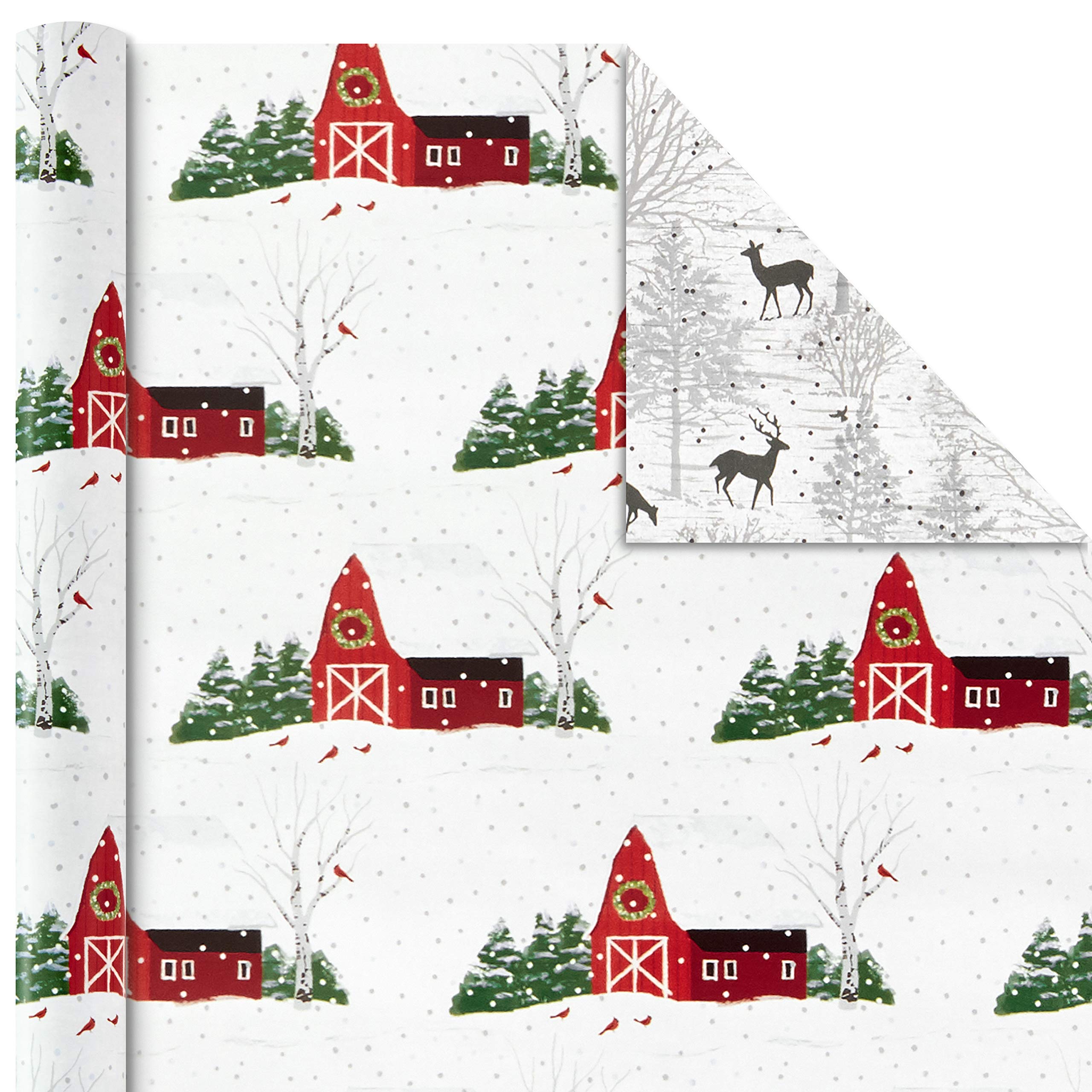 Hallmark Holiday Wrapping Paper Rolls - Rustic Christmas Gift Wrap Paper (Set of 3 Reversible Rolls: 120 sq. ft. ttl.) Plaid, Barn, Red Truck, Moose, Woodland Scenes