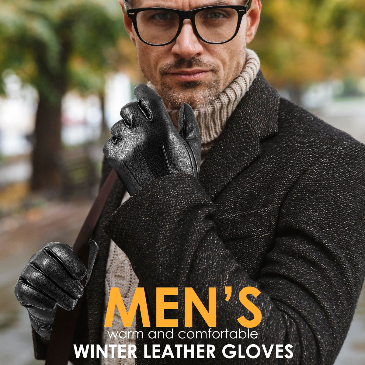 alqqas Winter Fashion Leather Gloves for Men, Finger Touchscreen Texting Wool Lined Outdoor Windproof Warm Driving Gloves