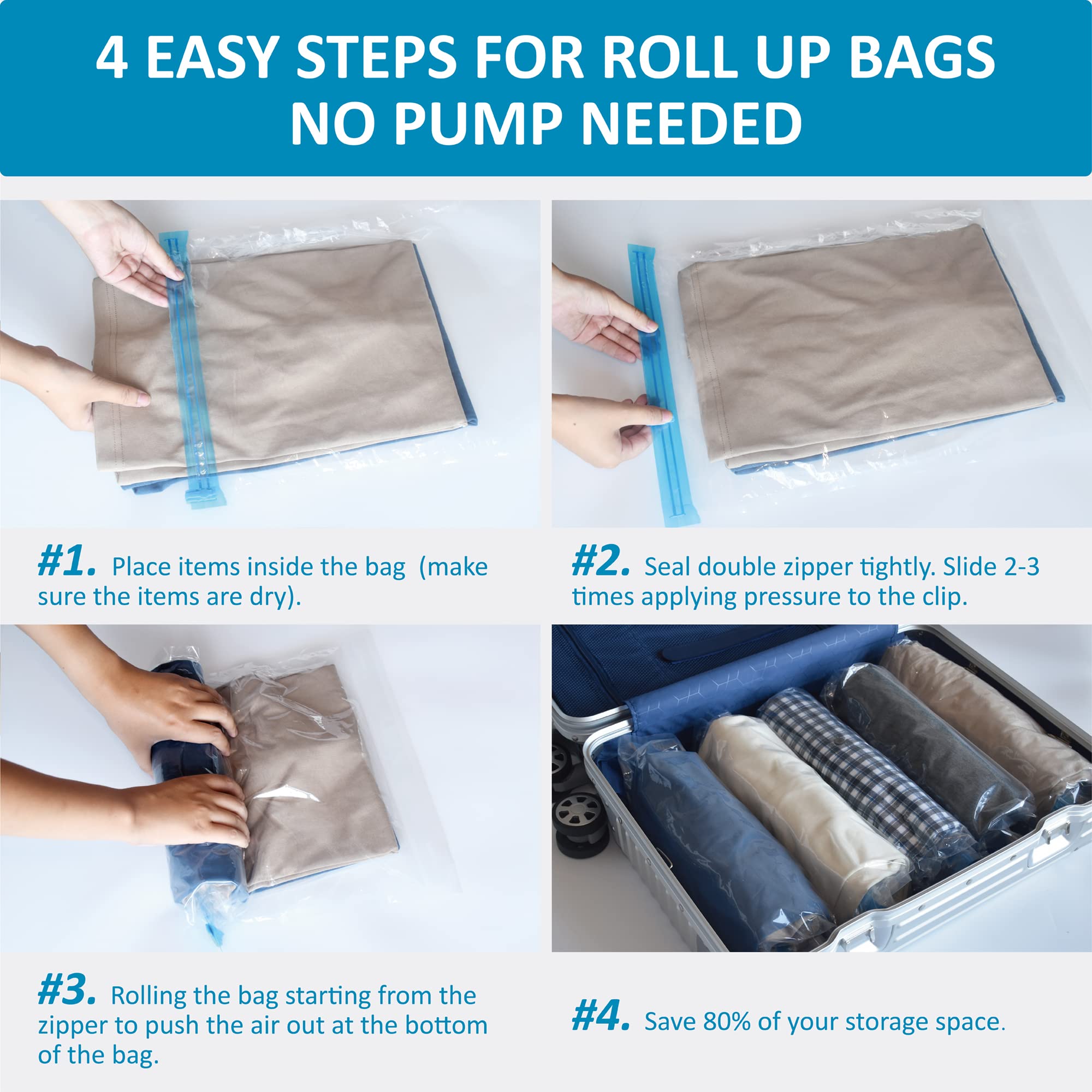 24 Travel Compression Bags, Roll Up Travel Space Saver Bags for Luggage, Cruise Ship Essentials (9 Large Roll/9 Medium Roll/6 Small Roll)