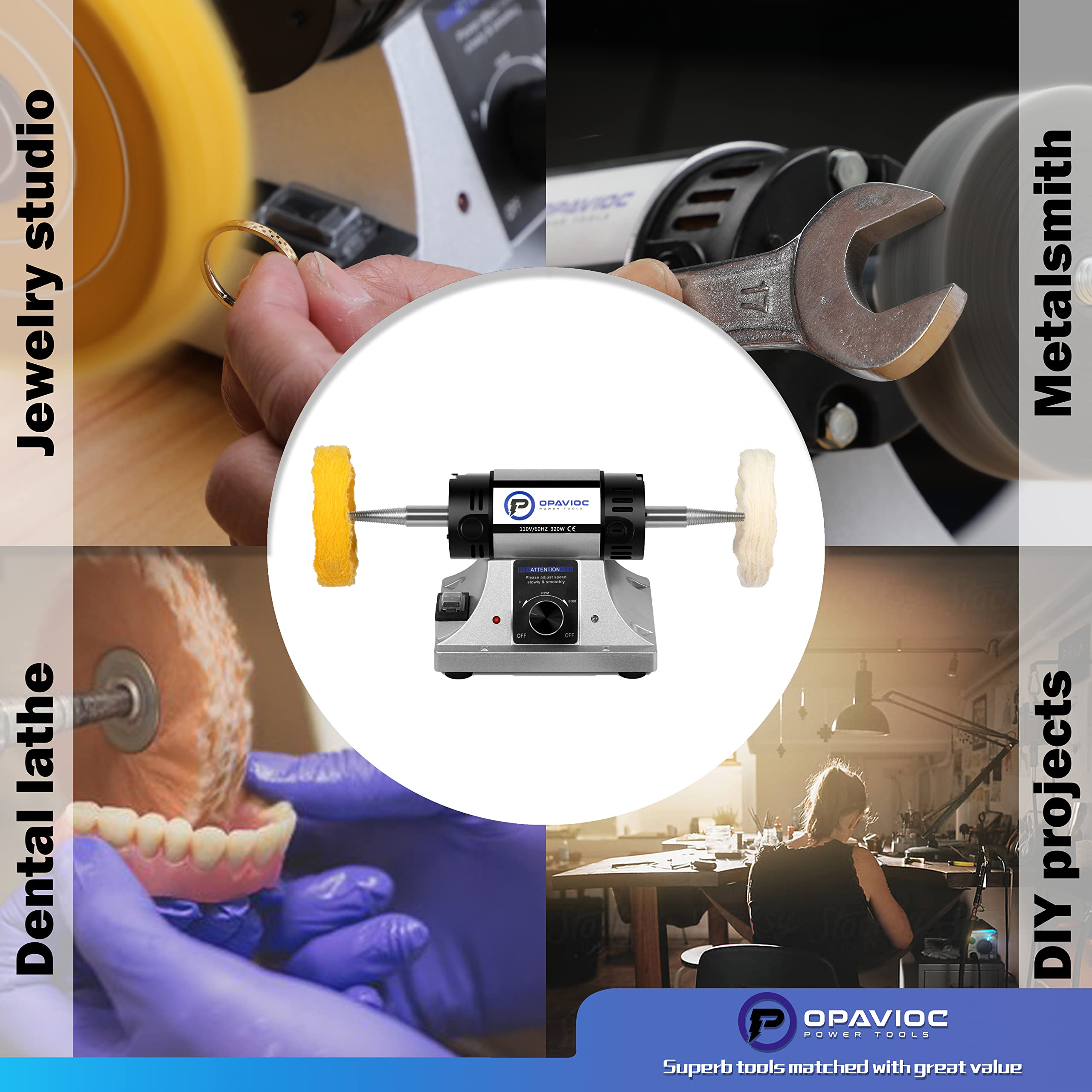 OPAVIOC Jewelry Polisher - Adjustable Variable Speed Bench Grinder Polishing & Buffing Machine, Dental Buffer & Lathe - Includes 2 Cotton Buffs, 2 Abrasive Fiber Wheels, Safety Glass, Polish Compound