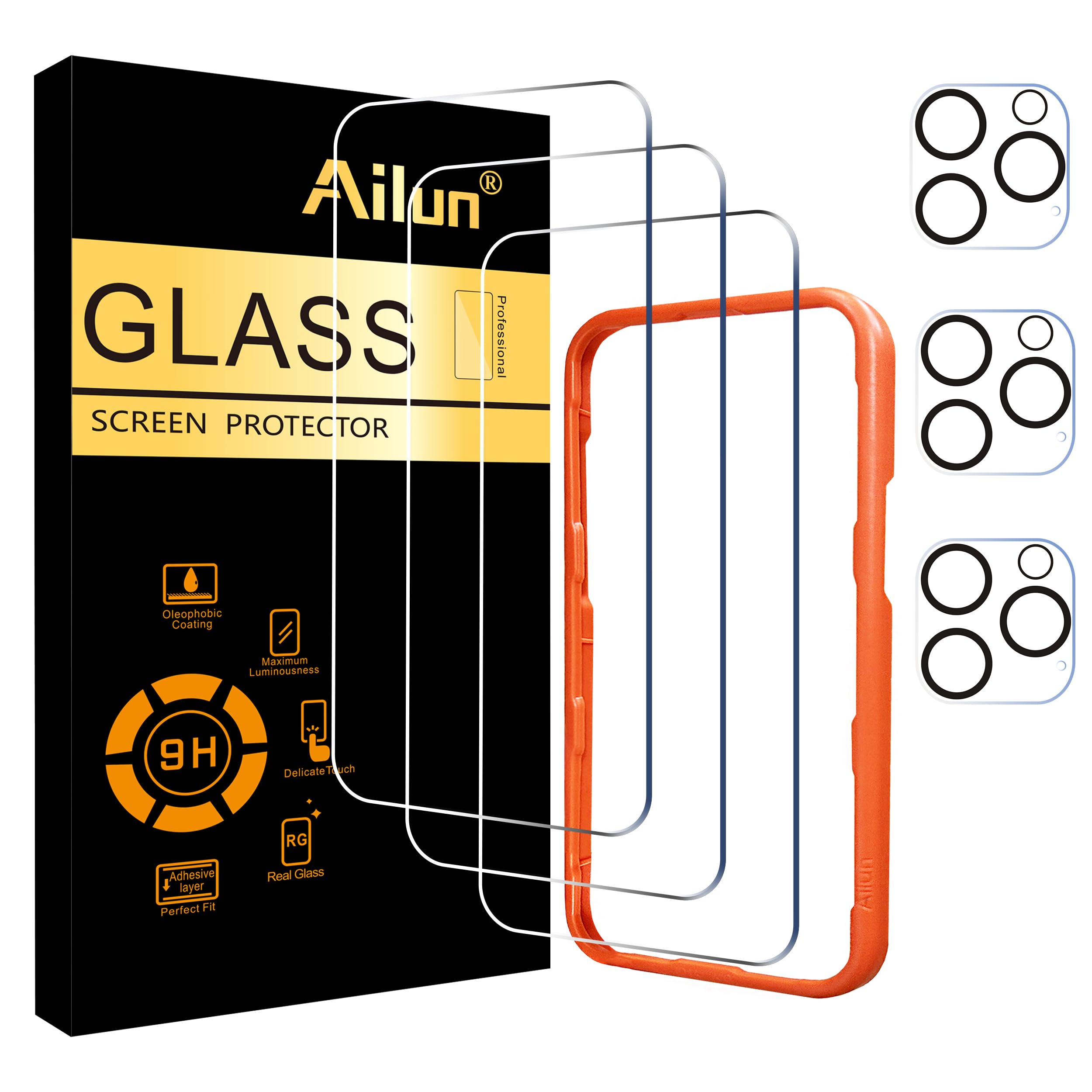 Ailun 3 Pack Screen Protector for iPhone 16 Pro Max [6.9 inch] + 3 Pack Camera Lens Protector with Installation Frame,Sensor Protection,Dynamic Island Compatible,Case Friendly Tempered Glass Film