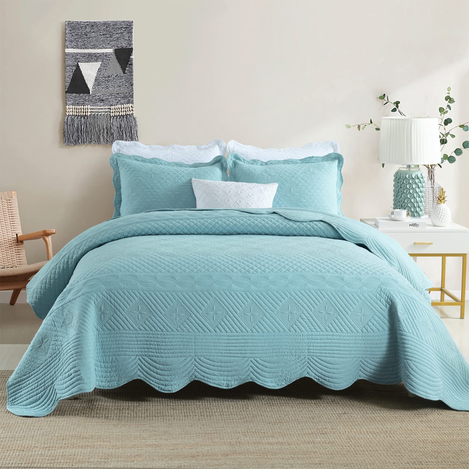 mixinni King Size Quilted Bedspread Blue All Season Soft Lightweight Quilt King Bedspread Coverlet Set, Perfect for Him and Her (3pcs, King Size)