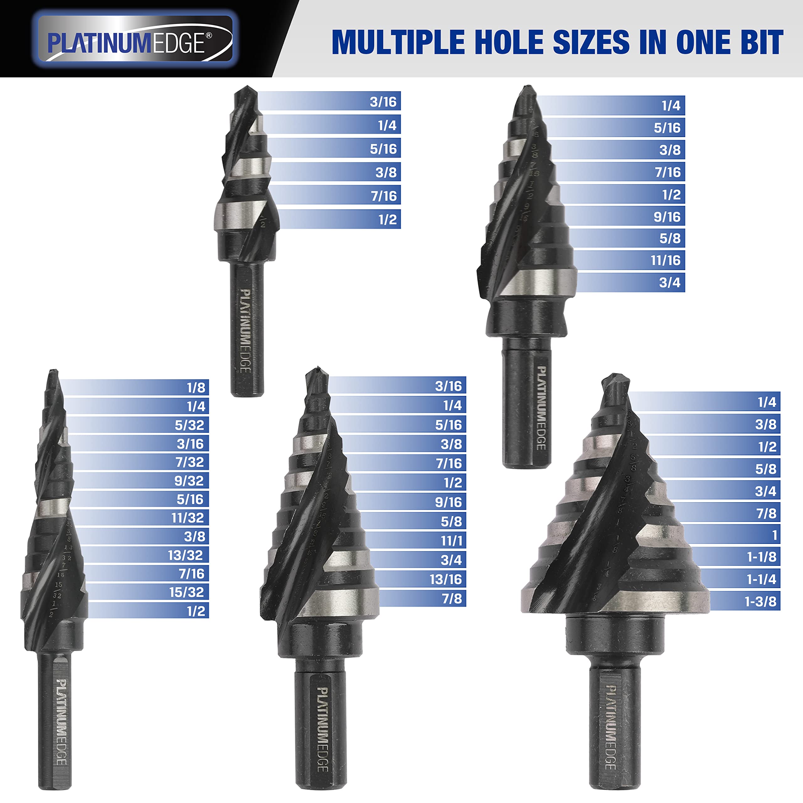 PLATINUMEDGE Step Drill Bits Set, 5 Pcs High Speed Steel Step Drill Bit for Sheet Metal, 50 Step Sizes Hole Drilling, Double Flute Cutting Blades, Nitride Black Coating and Polished, Storage Box