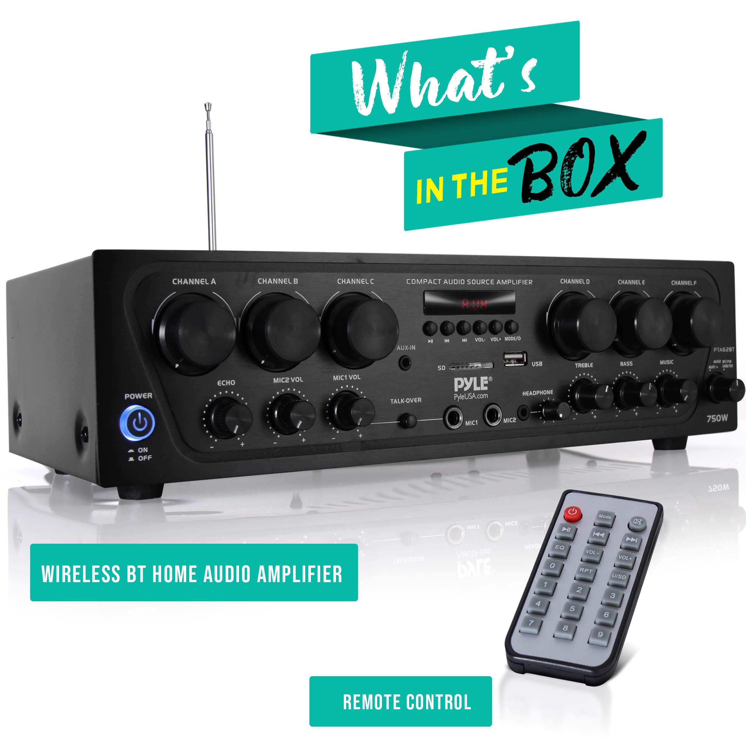 Pyle Wireless Bluetooth Home Audio Amplifier System-Upgraded 6 Channel 750 Watt Sound Power Stereo Receiver w/USB, Micro SD, Headphone,2 Microphone Input w/Echo, Talkover for PA - PTA62BT.5