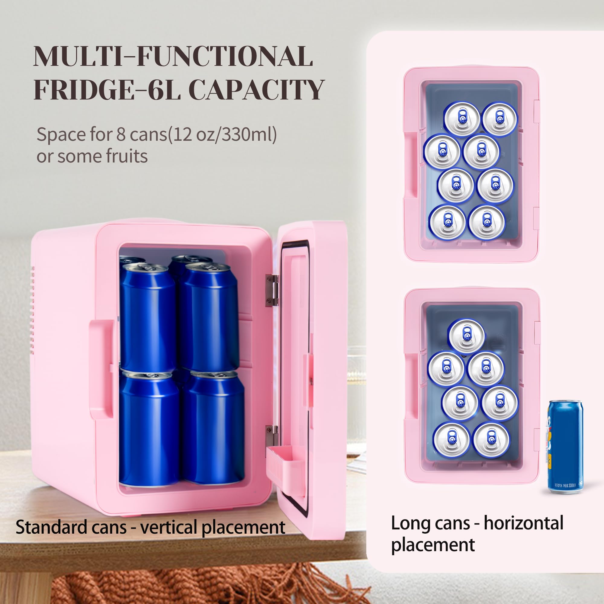 Mini Fridge for Bedroom 6L/8 Cans Skincare Fridge with LED Miroor Portable Cooler & Warmer 110V AC/12V DC Compact Small Refrigerator for Skin Care Cosmetic Beverages Drinks, Office Dorm and Car, Pink