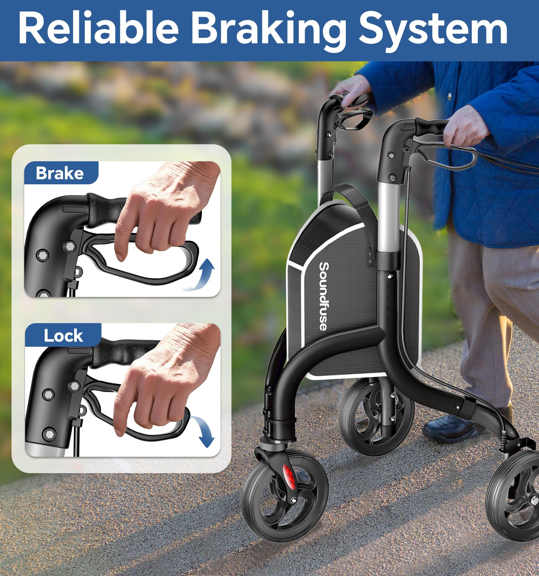 SOUNDFUSE 3 Wheel Walkers for Seniors, Lightweight Foldable Aluminum Rollator Walker, Height Adjustable Three Wheel Walker, Black