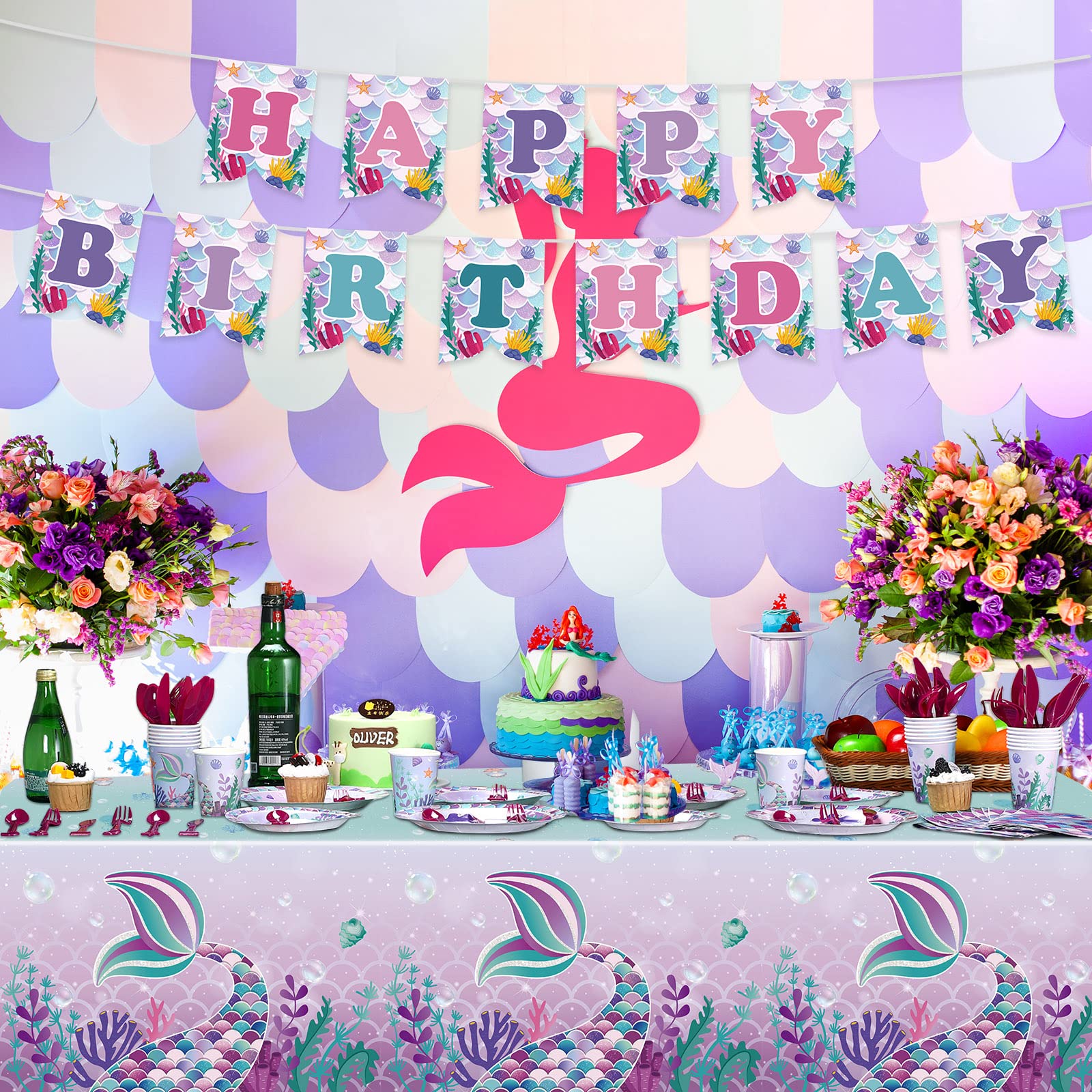 172 Pcs Mermaid Party Supplies Mermaid Birthday Set for Girls, Including Plate, Napkin, Cup, Knife Fork and Spoon, Tablecloth Set for Mermaid Under the Sea Baby Shower Party Decor, Serves 24 Guests