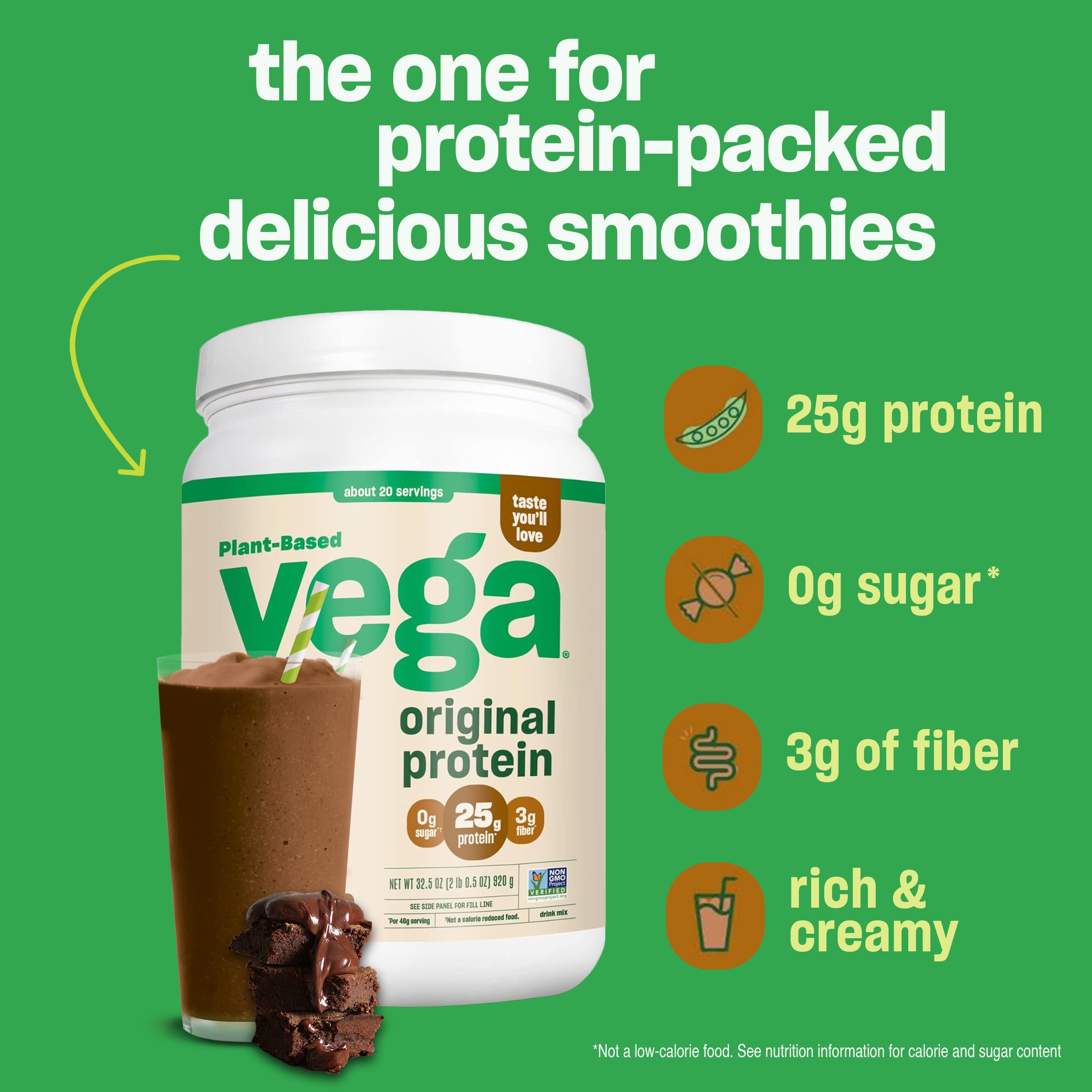 Vega Original Protein Powder, Creamy Chocolate Plant Based Protein Drink Mix for Water, Milk and Smoothies, 32.5 oz