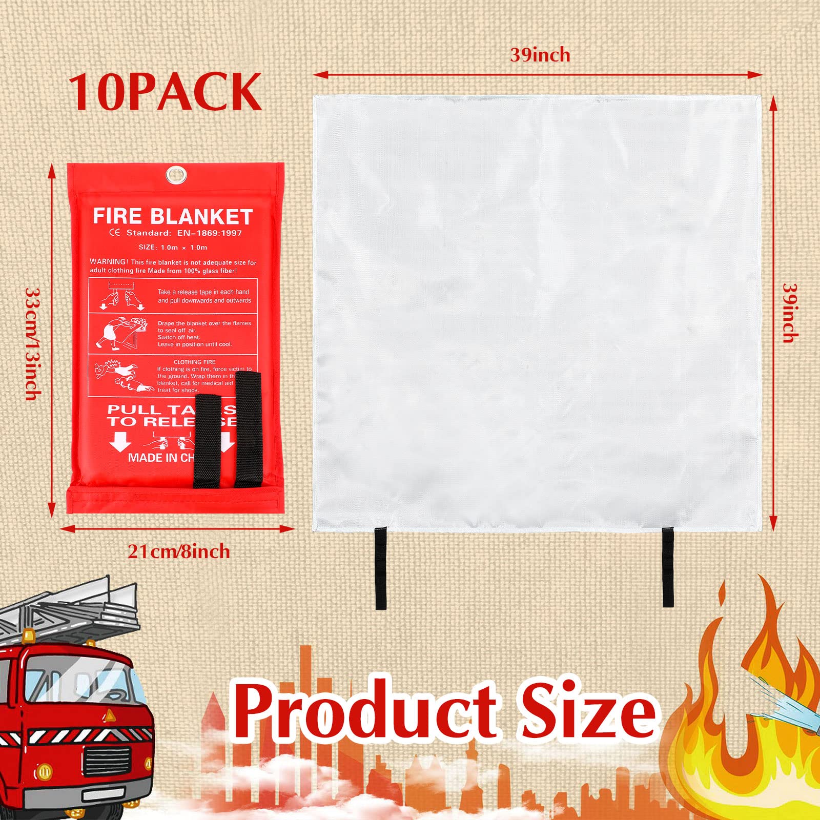 Macarrie 10 Pack 39” x 39” Fire Blanket Emergency Fire Blanket for Home Kitchen Safety Suppression Blanket Survival(Red)