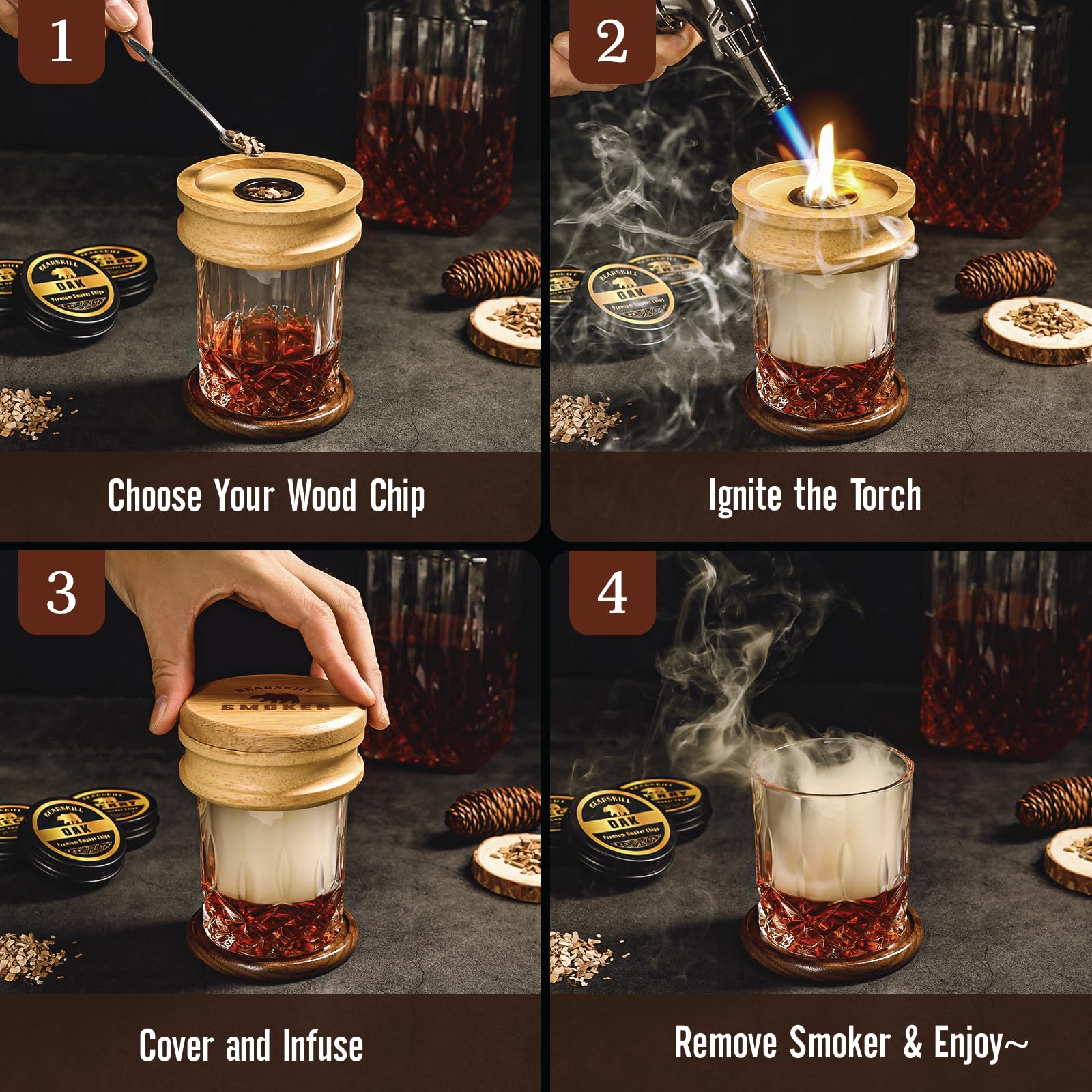 Whiskey Smoker Kit with Torch - 6 Natural Wood Chips Flavors, 2 Glasses, 2 Ice Molds - Cocktail Smoker Infuser Kit, Old Fashioned Smoker Kit, Birthday Bourbon Whiskey Gifts for Men, Dad(No Butane)