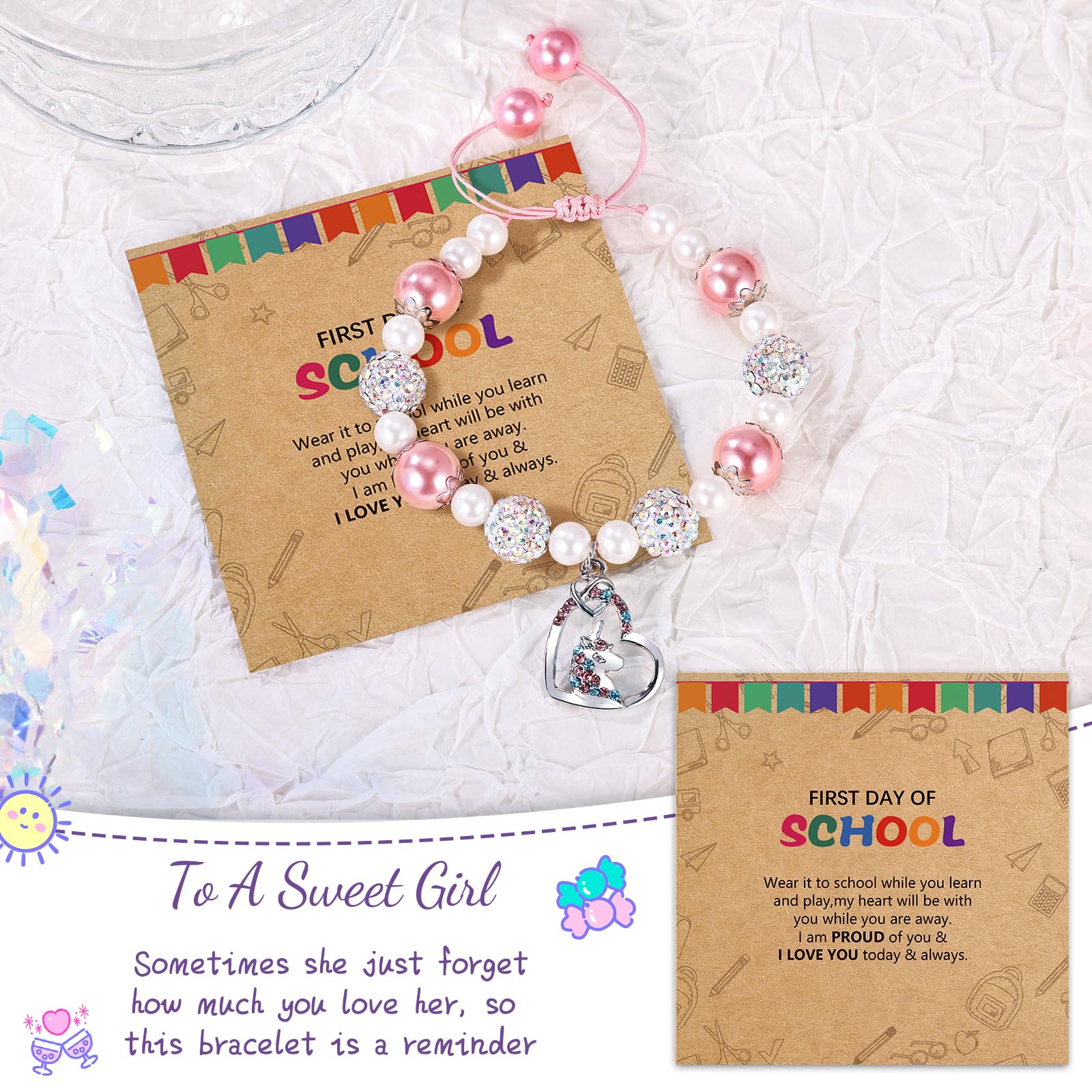 Alissl Unicorn Bracelet for Girls, Back to School Adjustable Pink Pearl and Rhinestone Balls Gifts for Girls Daughter Granddaughter Niece