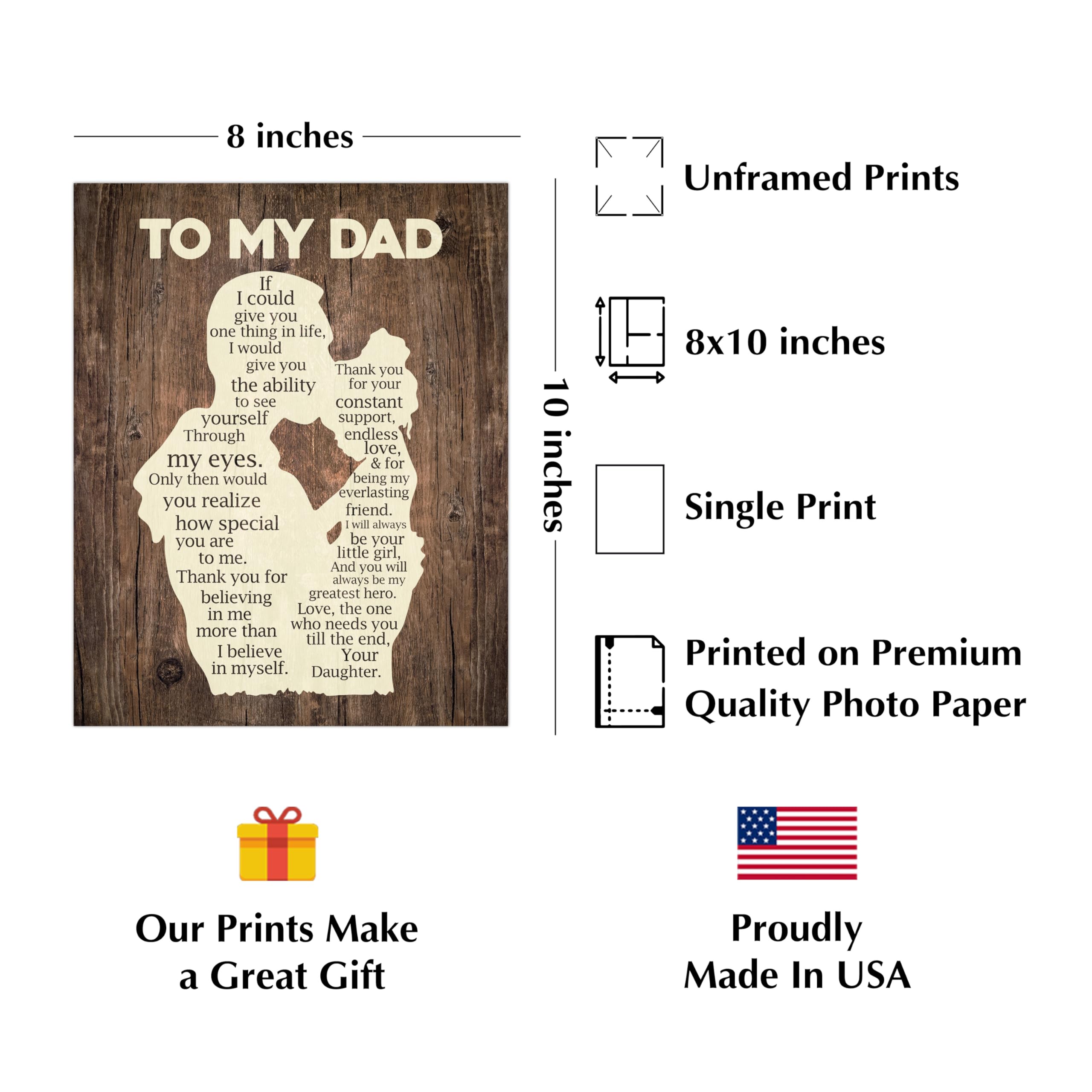 To My Dad- Thank You - Father's Day Quotes, Inspirational Wall Art Print For Home Decor, Office Decor, Family Room Decor, Heartfelt Message of Gratitude from Daughter to Father. Unframed - 8x10"