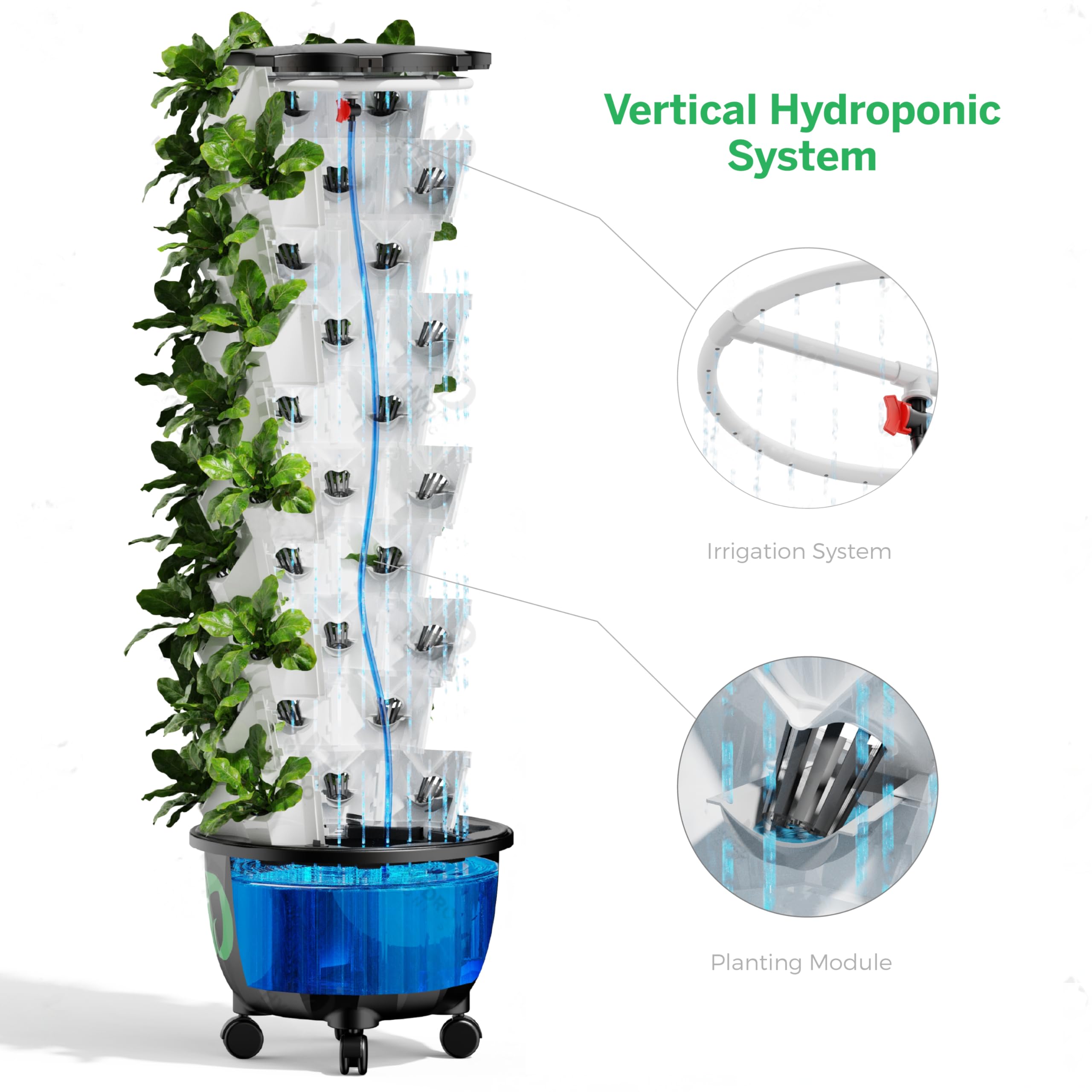 AVUX Hydroponic Growing Tower – A 10 Layers (80 Pots) Vertical Growing Freestanding Aeroponic Garden with Wheels and Sponges to Germinate Seeds and Planting Herbs and Vegetables