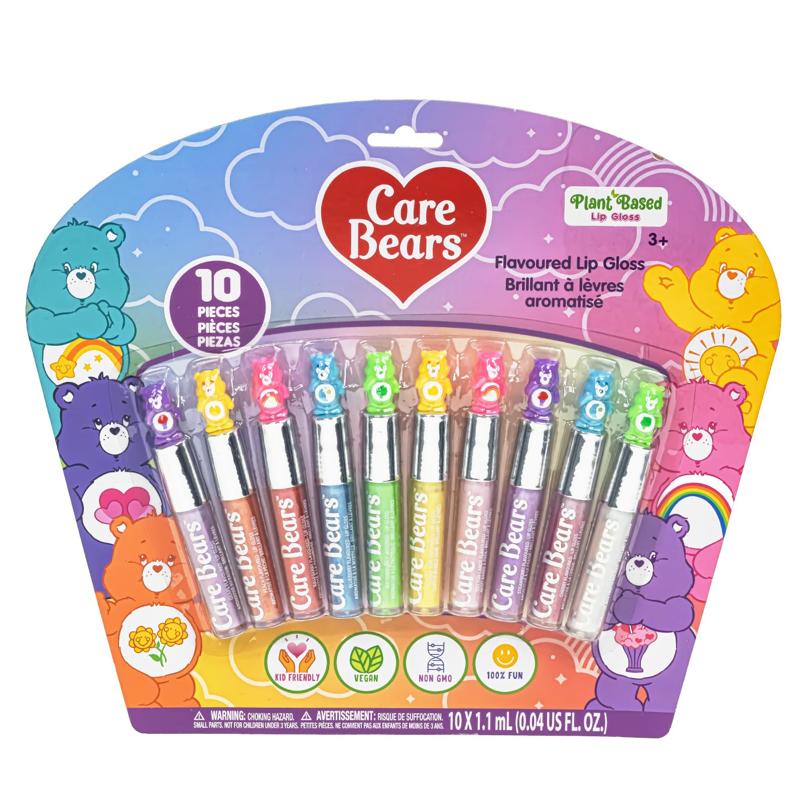 Townley Girl Care Bears 10 Piece Plant Based Lip Gloss, Girls Party Favors, First Makeup Set for Girl, Perfect for Parties, Sleepovers, and Birthday Gifts, Ages 3