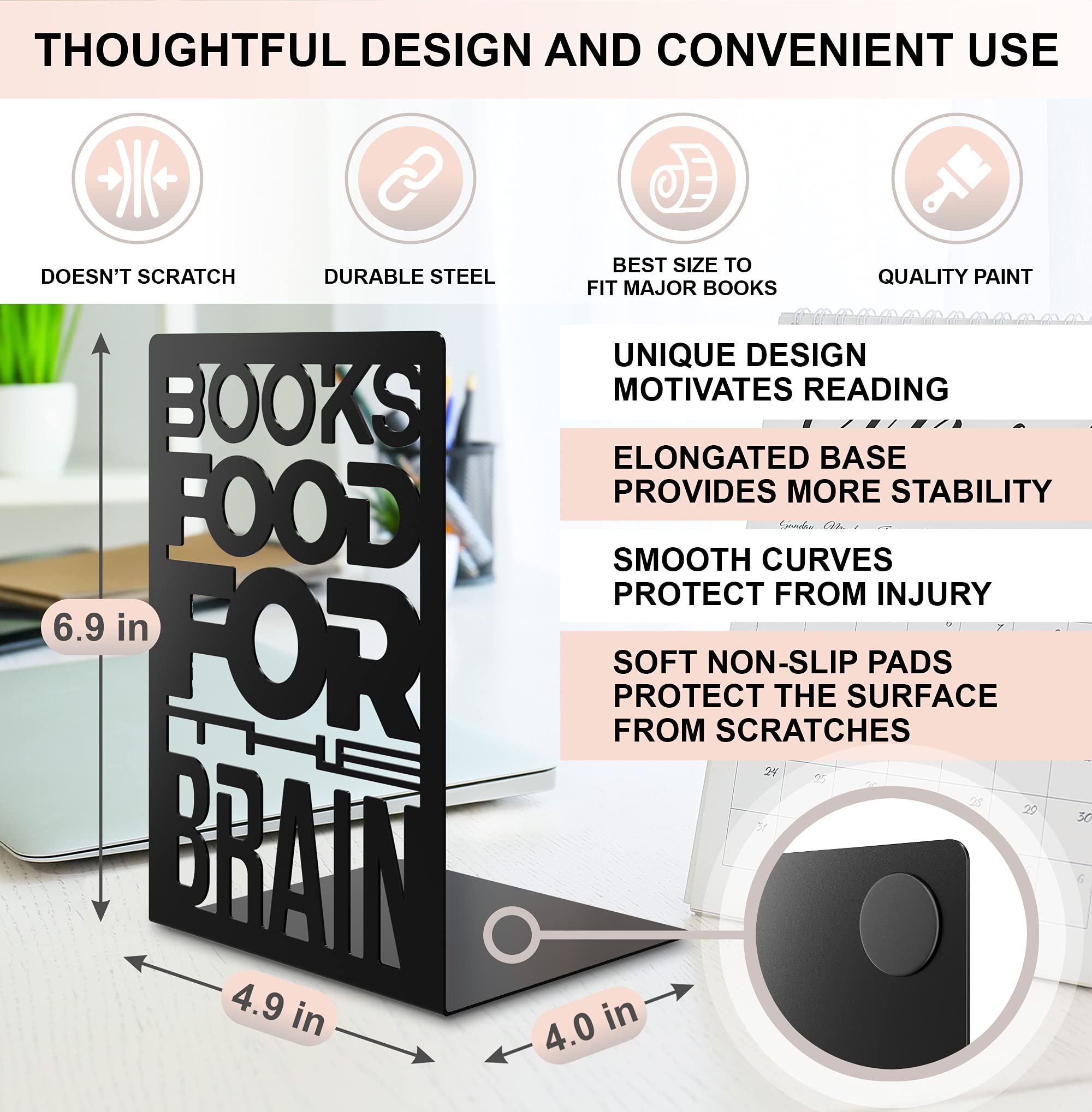 CraftyCrocodile Metal Book Ends For Shelves - Trendy Black Bookends For Heavy Books With Non-Slip Pads, Decorative Book Stoppers for Home Office School Library, 2 Piece Holder Set for Movies CDs Books