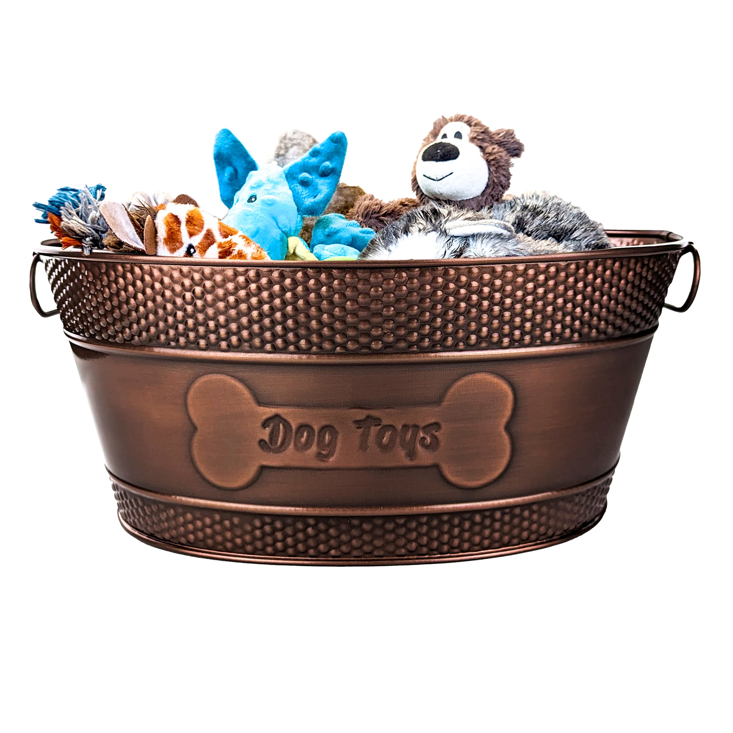 Indestructible Metal Dog Toy Bin - Copper Galvanized Storage Bin with Handles, Dog Toy Box for Dog Chew Toys, Blankets, & Leashes, Dog Bone Design Pet Toy Box (15-Quart)