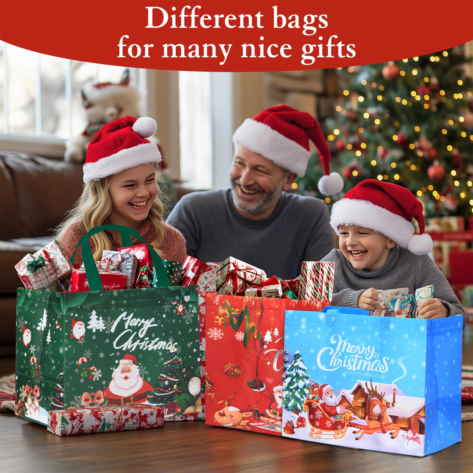 12PCS Christmas Gift Bags - Waterproof Non-Woven Fabric with 12 Unique Festive Designs - Perfect for Holiday Gift Wrapping, Candy Containers, and Christmas Decorations - Durable, Reusable Tote Bags