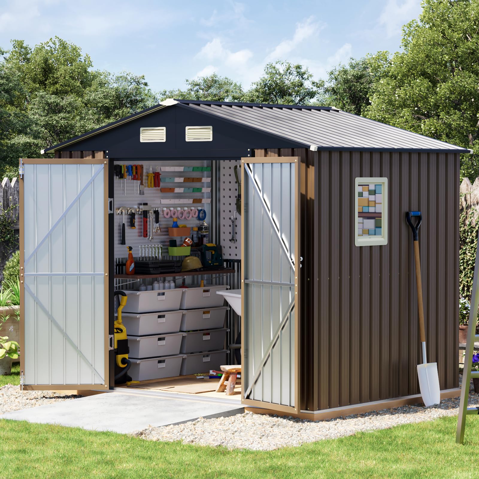 Grovellis 6x8FT Outdoor Metal Storage Shed, Double Door, 1 Clear Window, Tool Shed for Garden, Patio, Backyard Brown