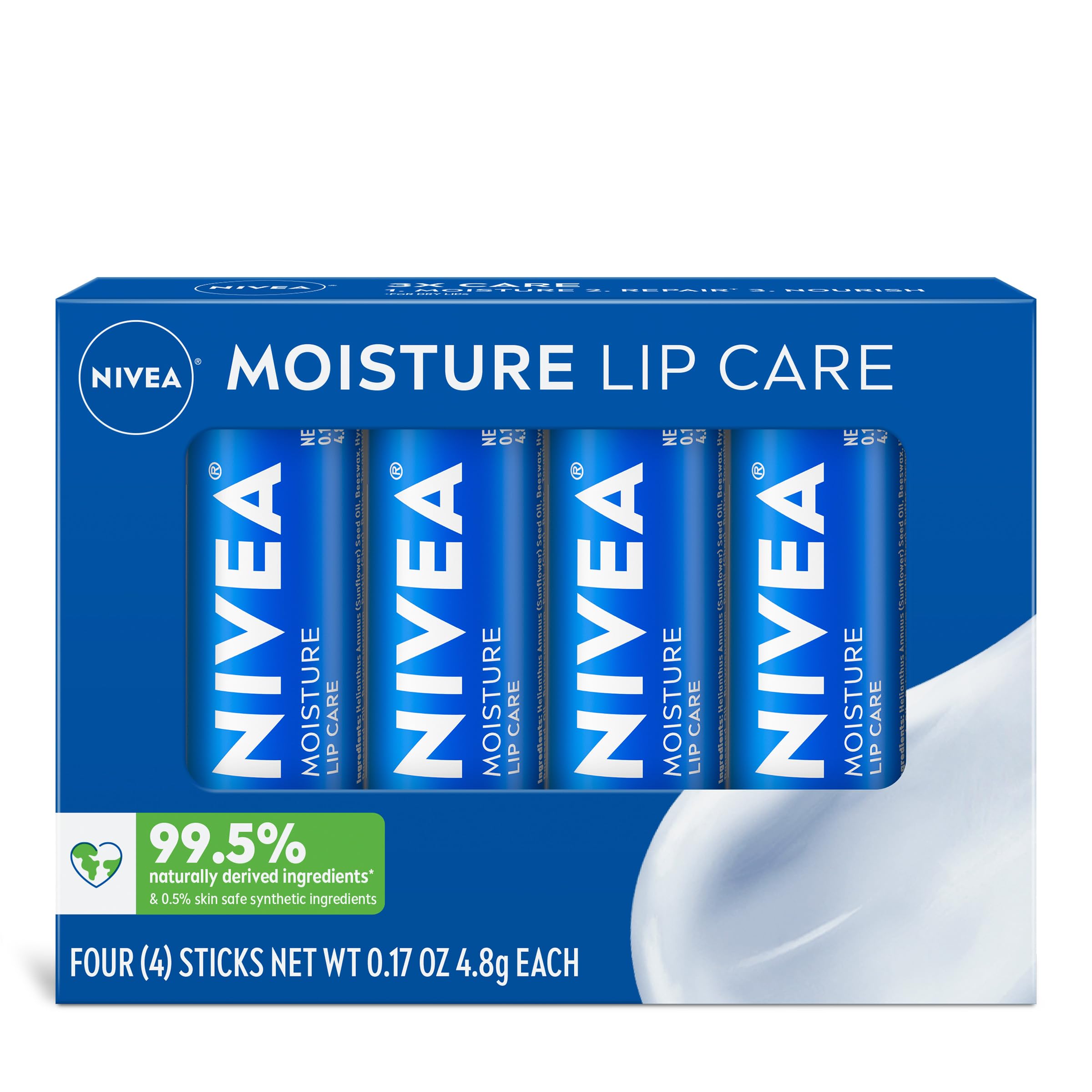 NIVEA Moisture Lip Care, Hydrating Lip Balm with Shea Butter, Nourishing Oils and Vitamin C & E, 3-in-1 Moisture, Repair (for Dry Lips) and Nourish, 0.17 Oz Stick, Pack of 4