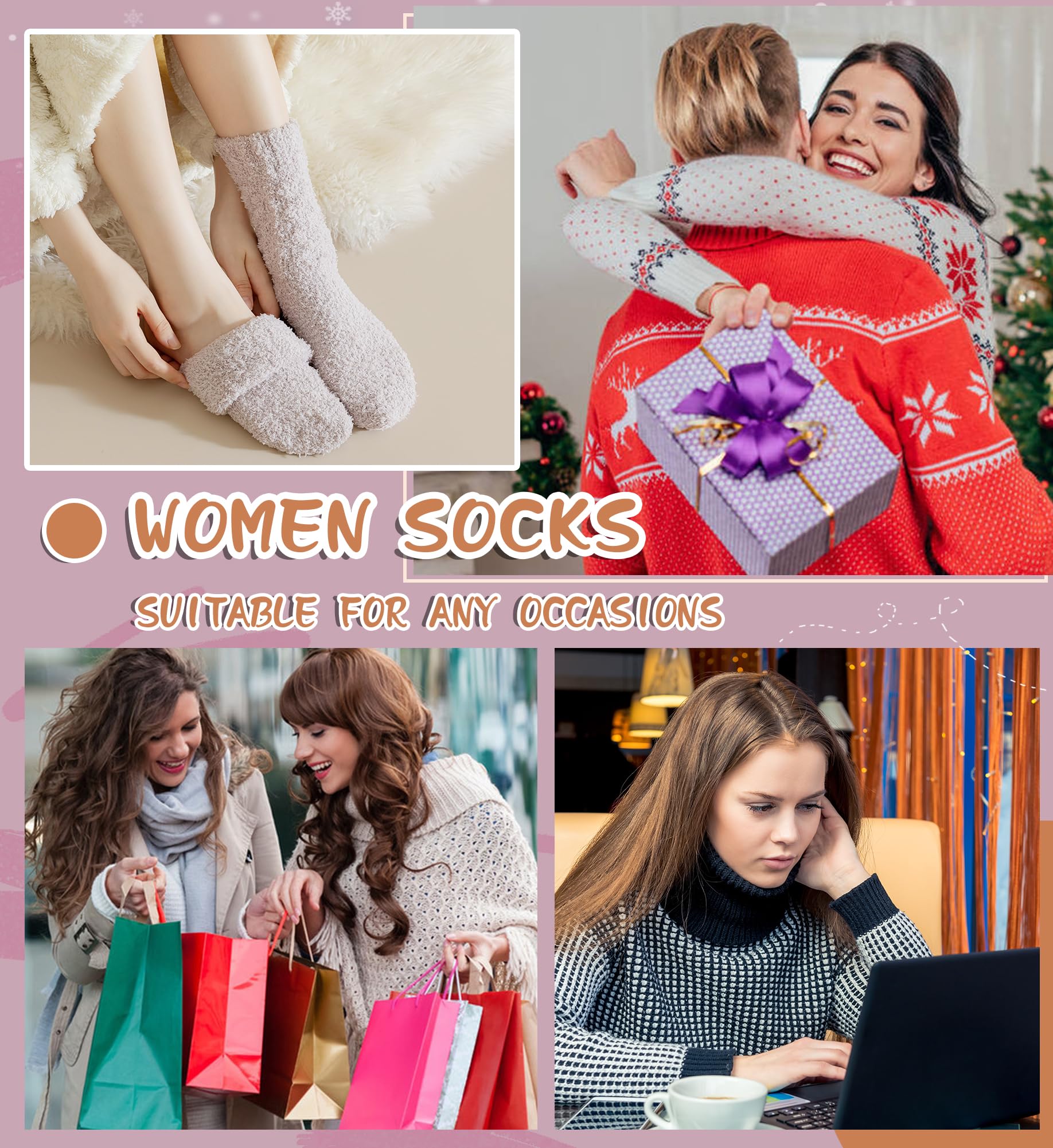 WEVIAS Womens Fuzzy Socks Slipper Fluffy Comfy Cozy Winter Soft Warm Fleece Valentines Day Cabin Plush Sleep Socks (Black/White/Grey/Khaki/Pink)