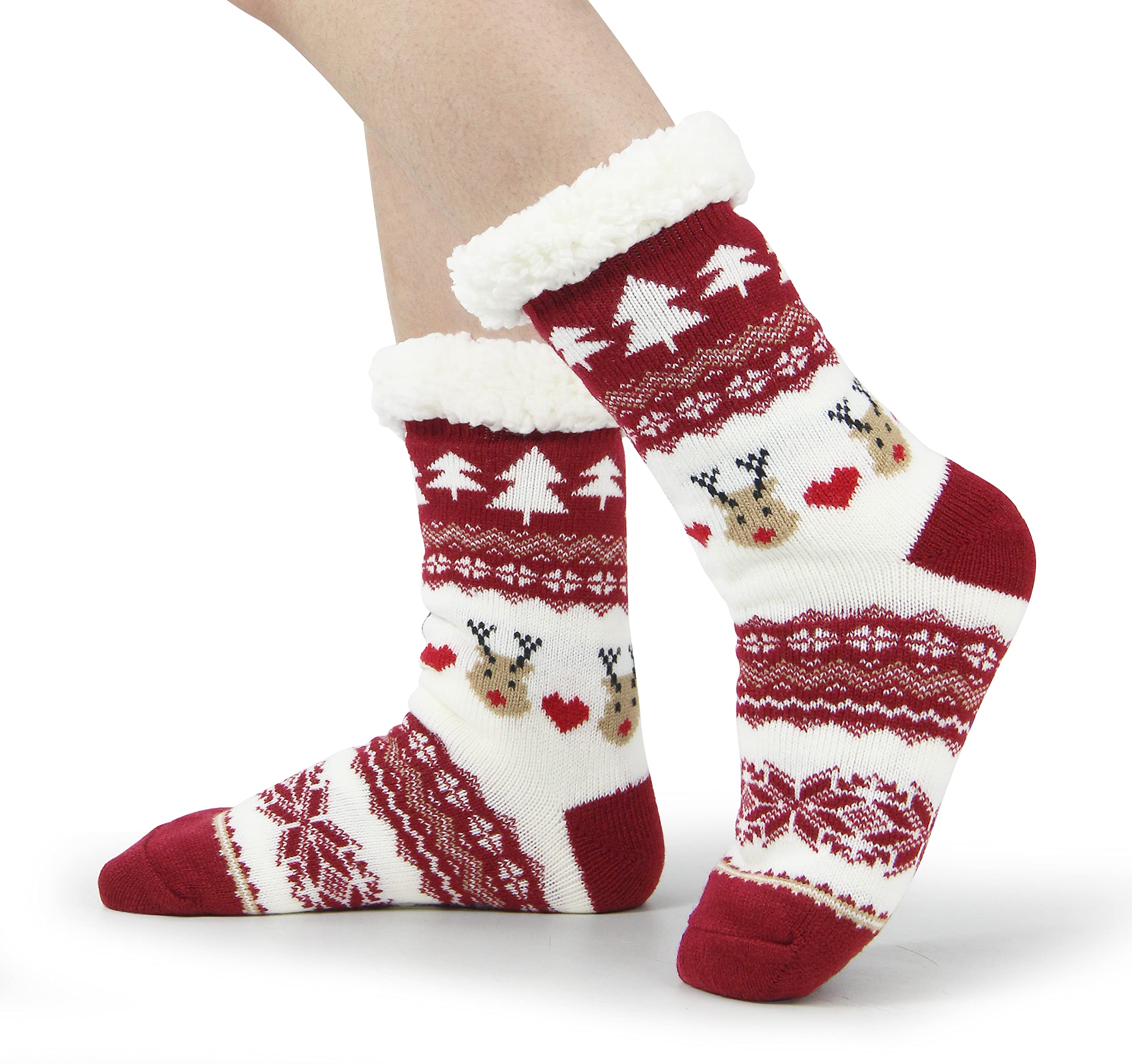 BenSorts Womens Christmas Slipper Socks with grippers Winter Warm House Indoor Fleece Lining Fuzzy Soft Sherpa House Cozy Socks Holiday Gift Red