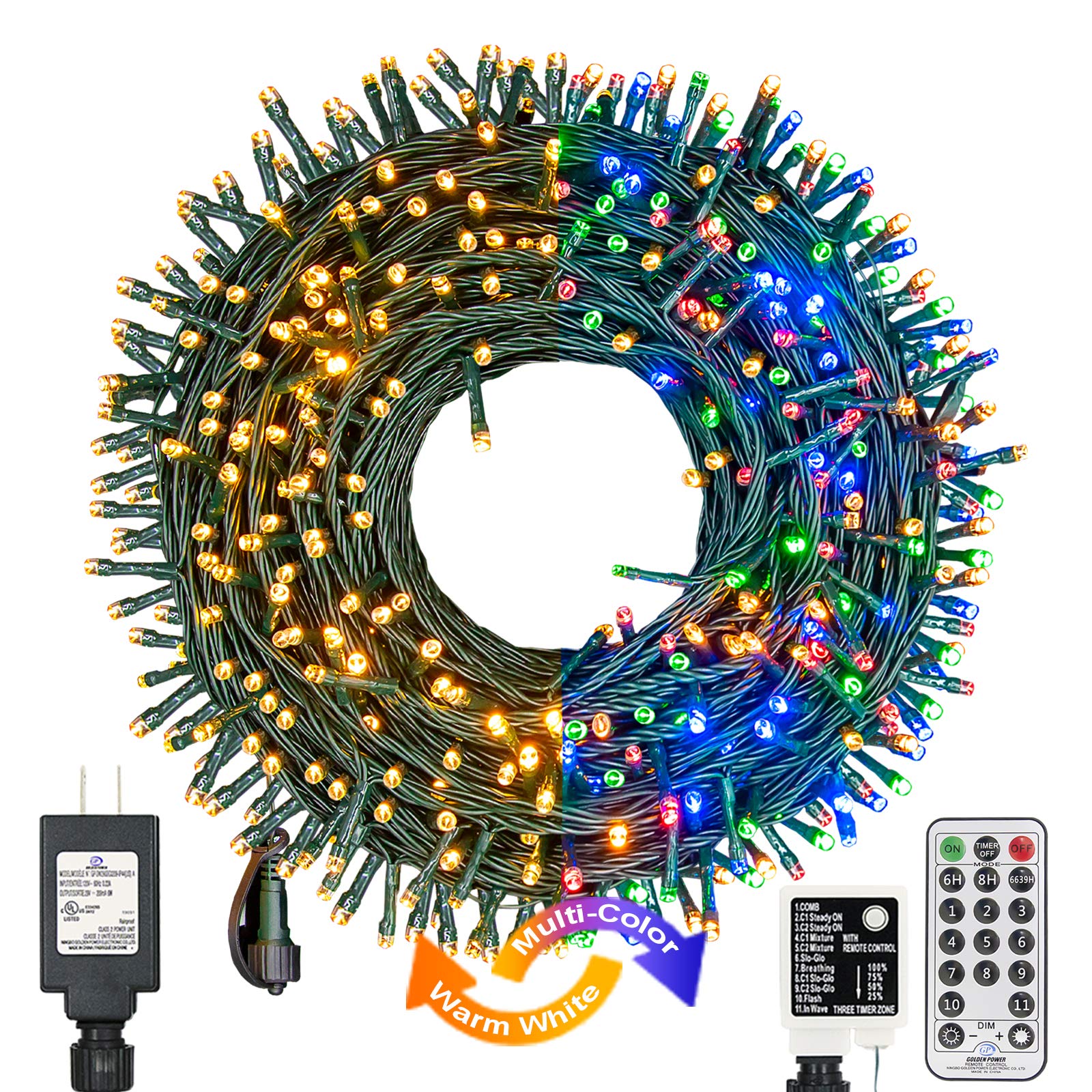 Decute 300LED Christmas Tree Lights Outdoor Indoor String Lights 108FT Extendable, 11 Modes 4 Colors Changing Waterproof Twinkle Fairy Lights Party Decor with Timer Remote(Warm White & 3 Multicolors)