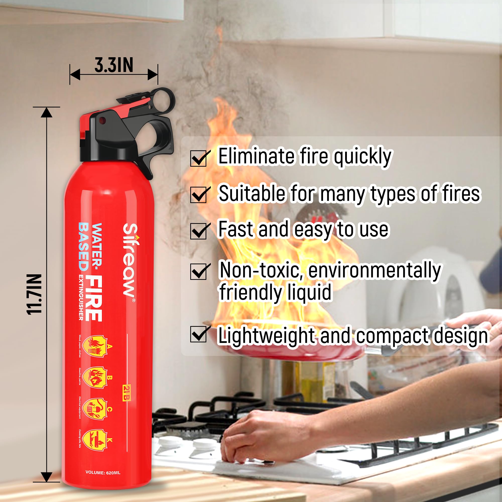 Fire Extinguishers for Kitchen Car Vehicle - 21B 620ml ABC Small with Fire Extinguishers - Non-Toxic Water-Based Fire Extinguishers for House with Mounting Bracket, 4PK