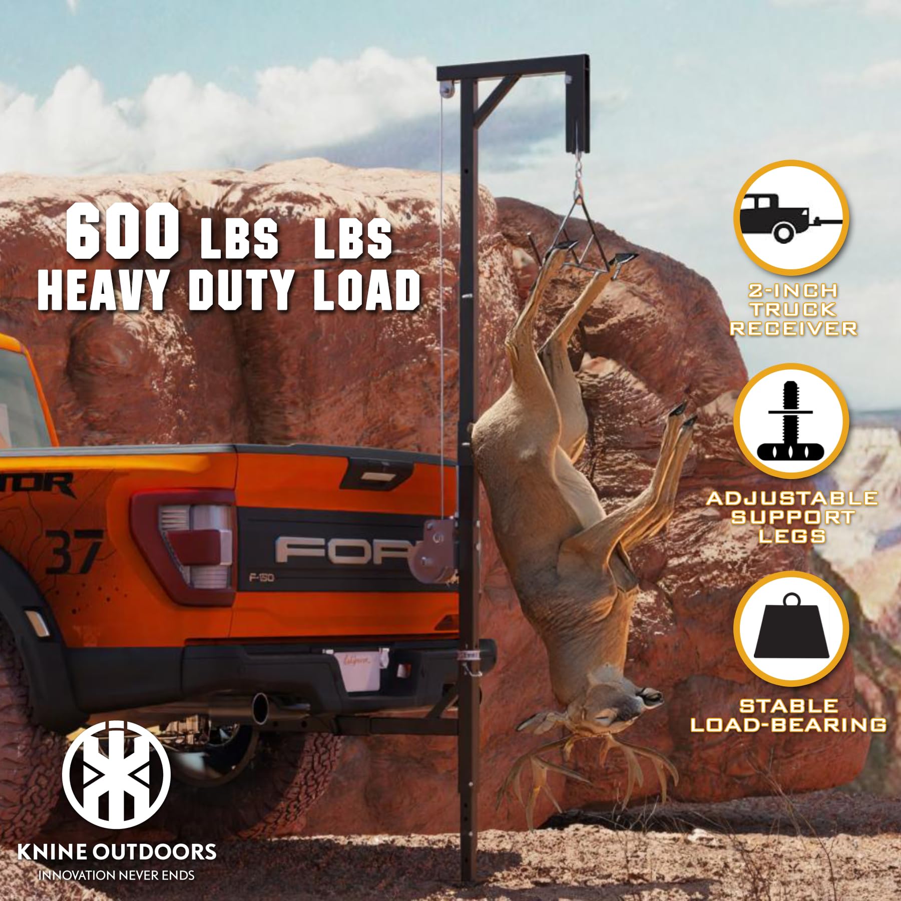 KNINE OUTDOORS Portable Game Hoist with 600 Pounds Capacity Truck Hitch Mount Deer Hanger with 360 Degree Swivel Complete Hoist Kit with Winch and Gambrel for Hunting Season Game up to 600lbs