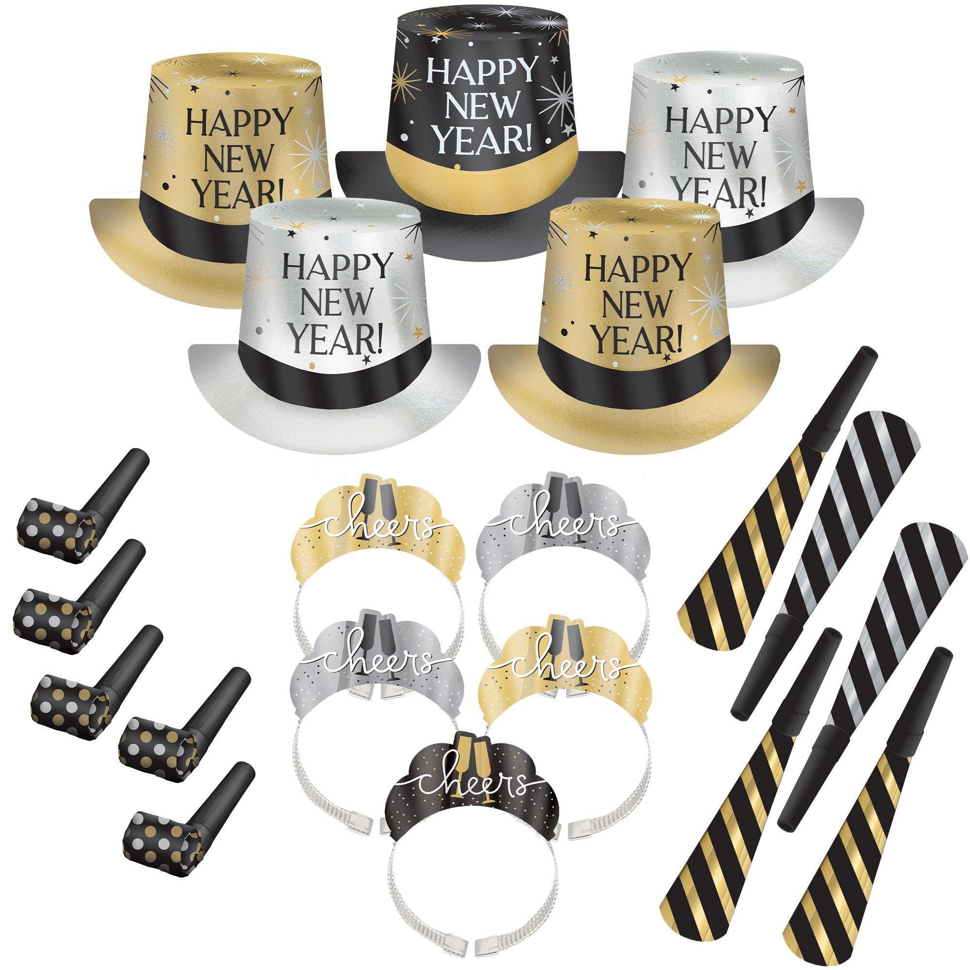 Amscan Party City New Year’s Eve 2025 Wearables and Noisemakers for 10 Guests, Party Supplies, Black, Gold and Silver, 20 Piece