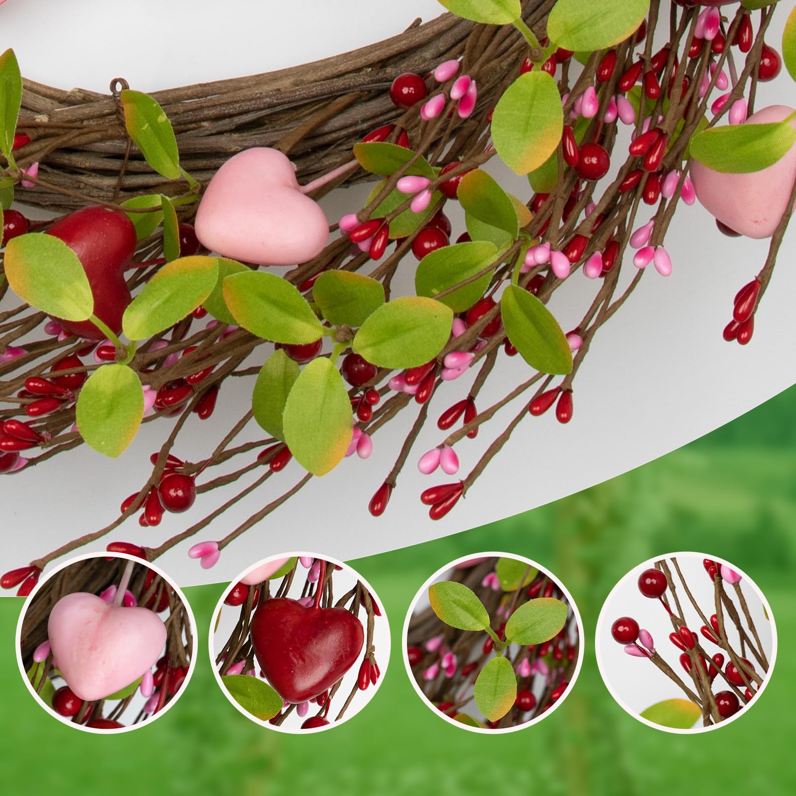 J'FLORU Valentine's Day Wreaths for Front Door 20 Inch Valentines Day Wreath Valentine Door Wreath with Pink Red Hearts and Berries Valentines Day Gifts Anniversary Wedding Decorations