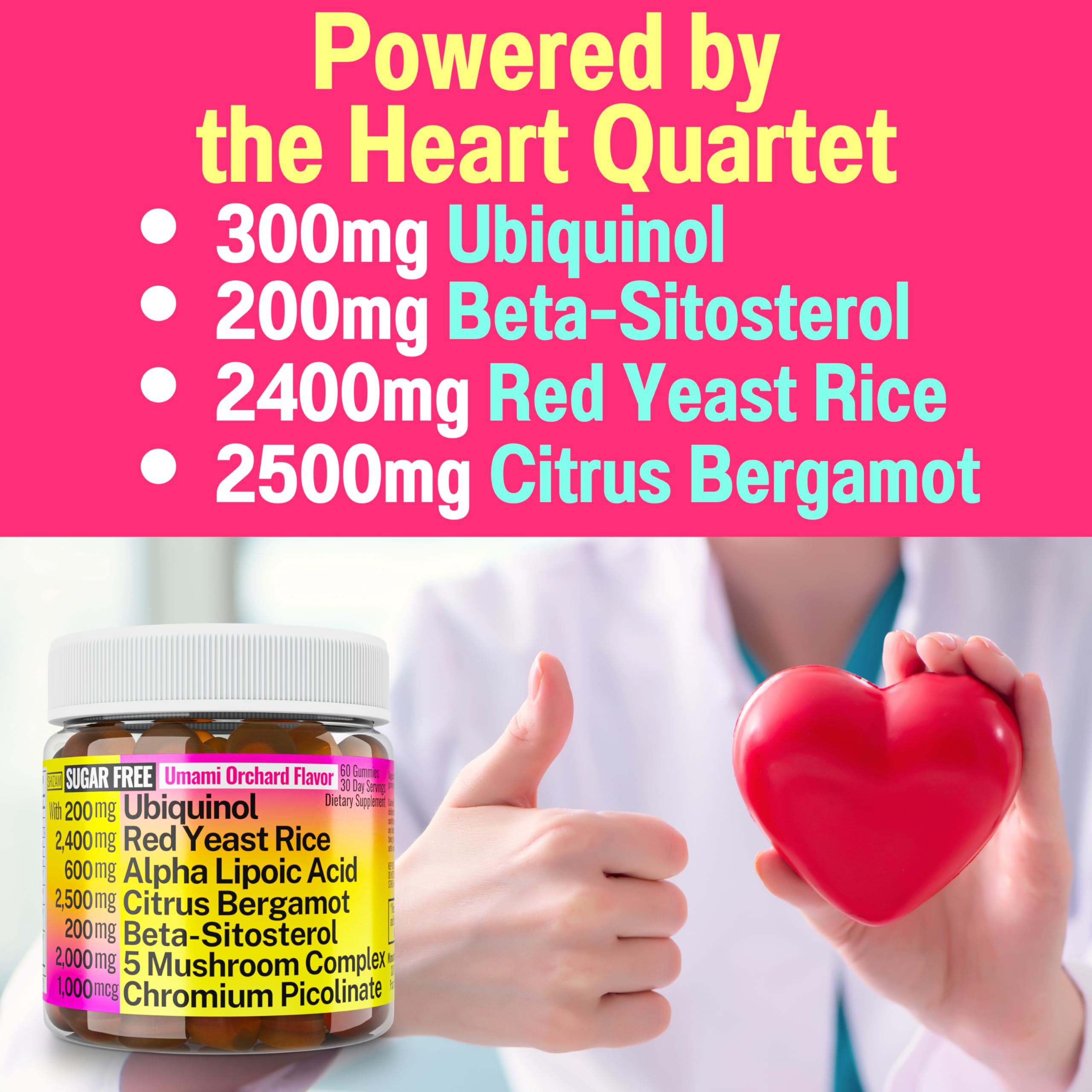 Red Yeast Rice Alpha Lipoic Acid Ubiquinol CoQ10 Citrus Bergamot Beta-Sitosterol Chromium Picolinate Sugar-Less Gummies w Lion's Mane Turkey Tail Reishi Cordyceps Chaga, Pills Capsules Supplement Alt