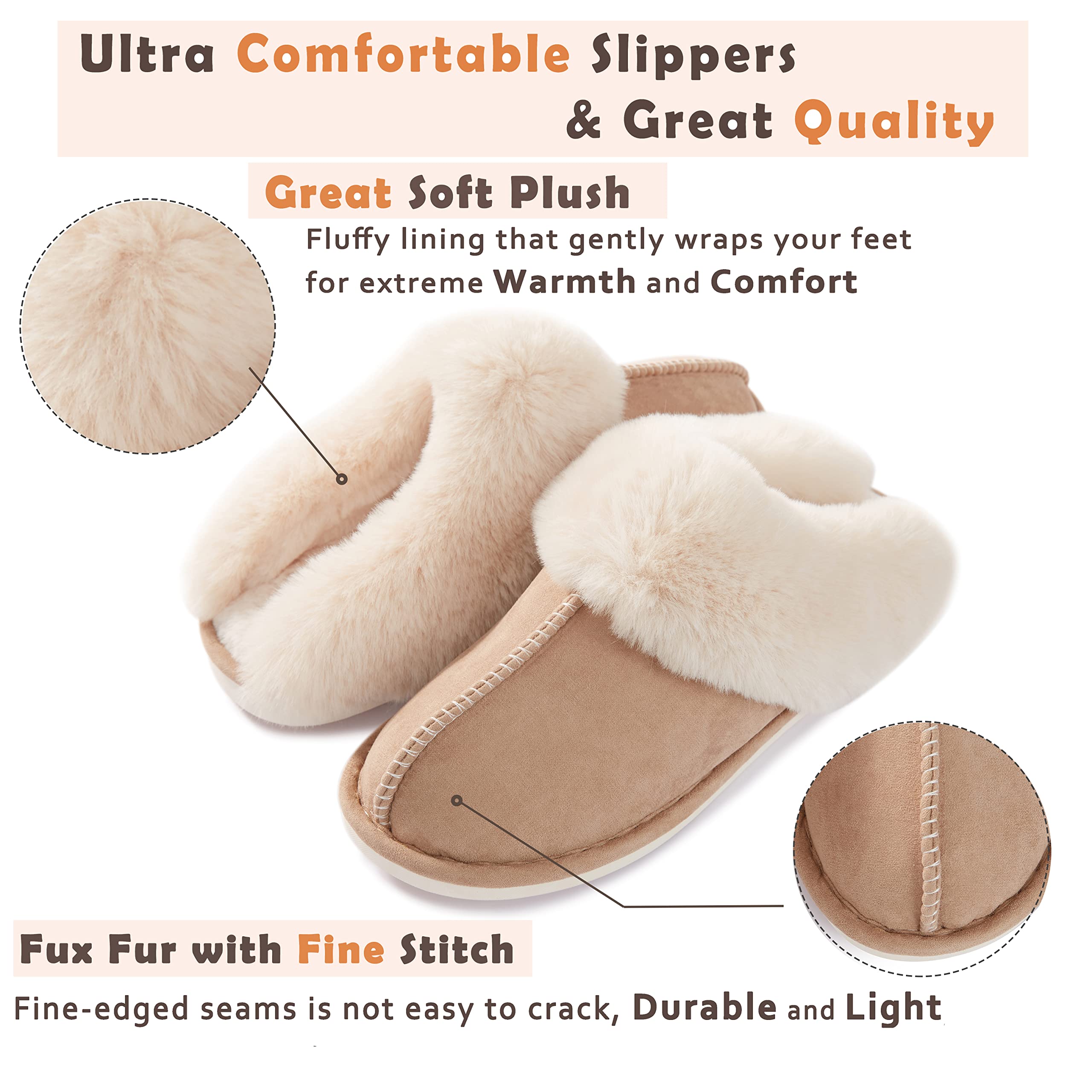 Donpapa Womens Slipper with Memory Foam Fluffy Soft Warm Slip On House Slippers,Anti-Skid Cozy Plush for Indoor Outdoor Tan Medium