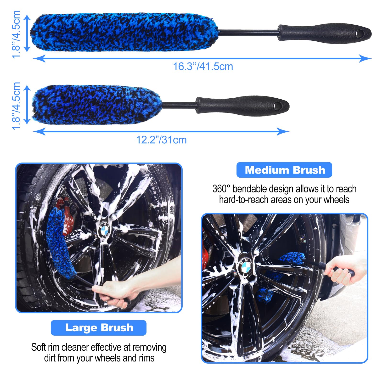 NIKCOSMK Wheel Brush, Wheel & Rim Cleaner Brush, Tire Brush, Wheel Cleaning Brush, Bendable & Durable Car Wheel Brush Set, Car Detailing Brushes, Wheel Brushes for Cleaning Wheels