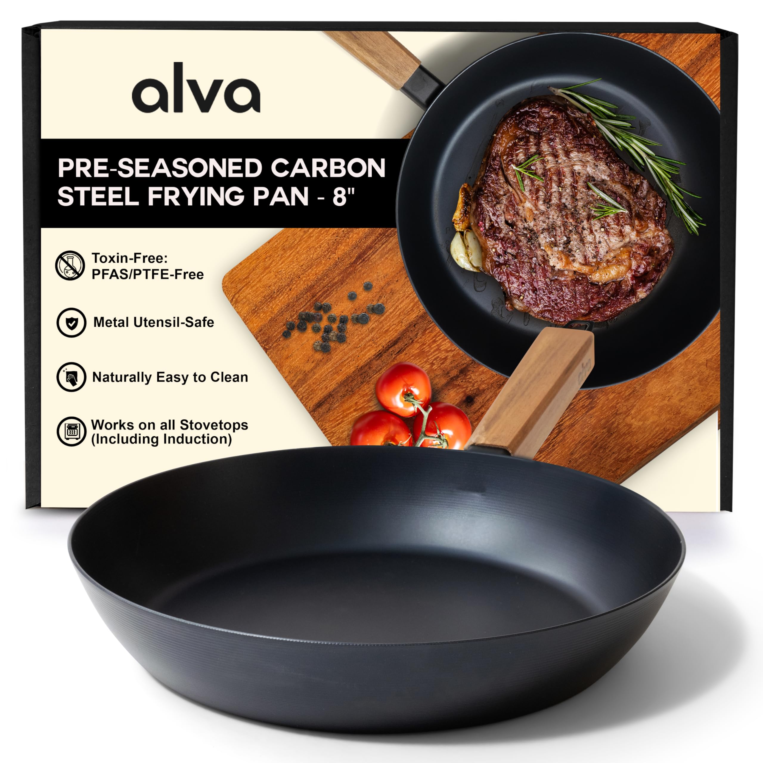 Alva Forest 8" Carbon Steel Frying Pan – Naturally Nonstick, Pre-Seasoned, with Acacia Wood Handle, Made Without PTFE, PFOA, PFAS – Sustainable Belgian Design, Induction & All-Stovetop Safe