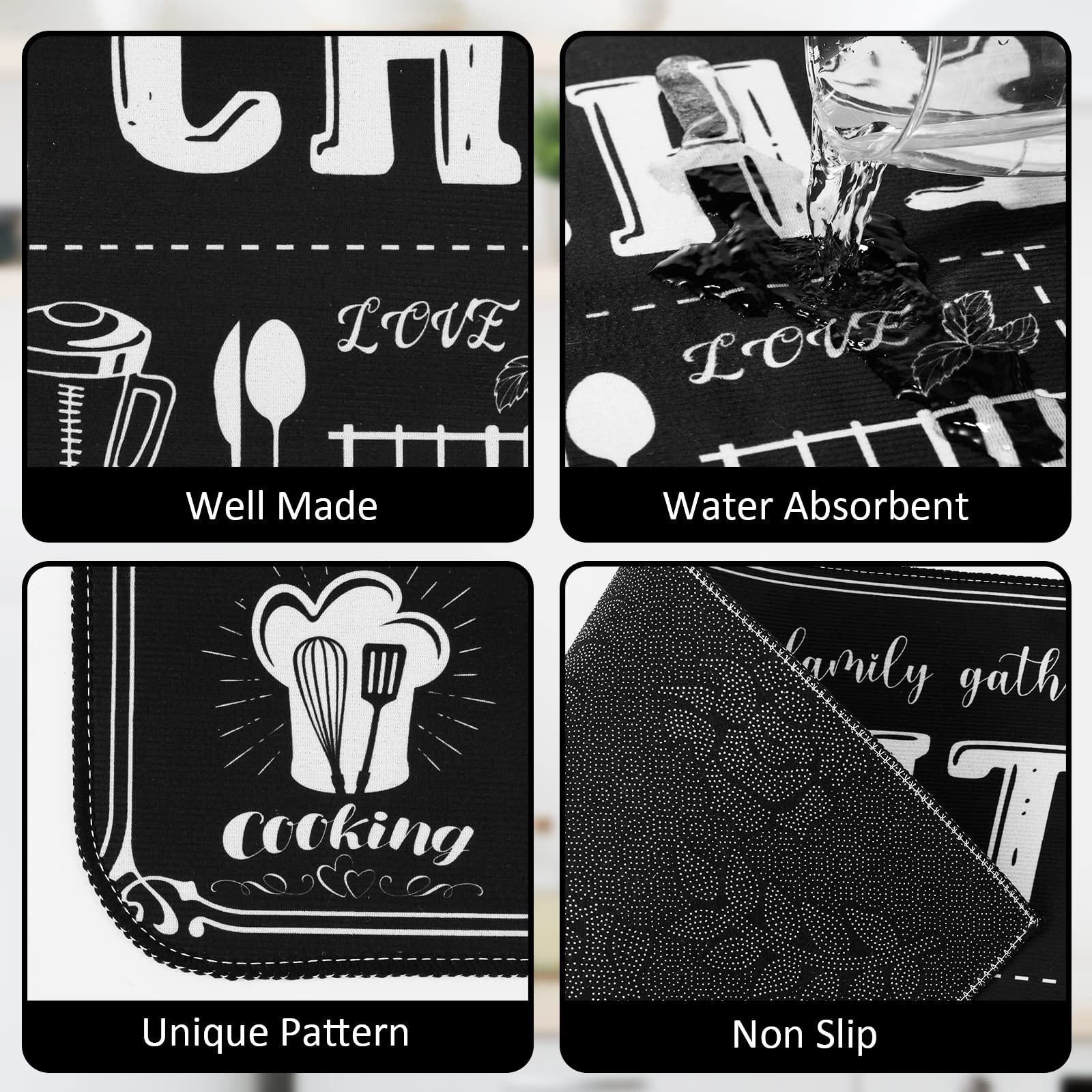 Sinmoe 3 Pcs Kitchen Rug Set Non Skid Thick Black Kitchen Rugs and Mats Stain Resistant Anti Fatigue Mats for Microfiber Floor Non Slip Backing Mat, 15.7" x 47.2", 15.7" x 23.6"