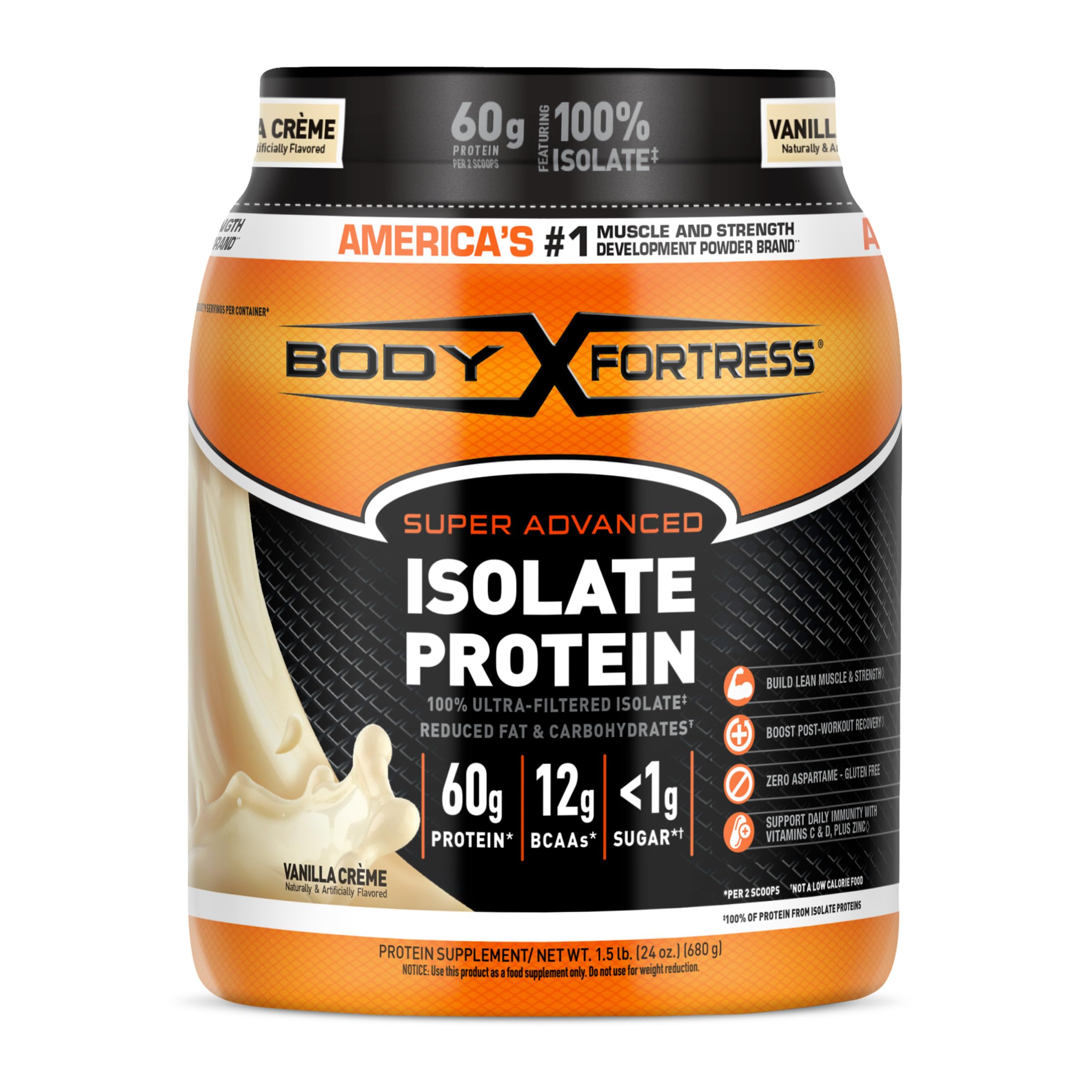 Body Fortress 100% Ultra-Filtered Isolate Protein Powder, Vanilla, 60g Protein & 12g BCAAs Per 2 Scoops, Muscle Gain & Recovery, Immune Support with Vitamins C & D, 1.5lbs,Packaging May Vary