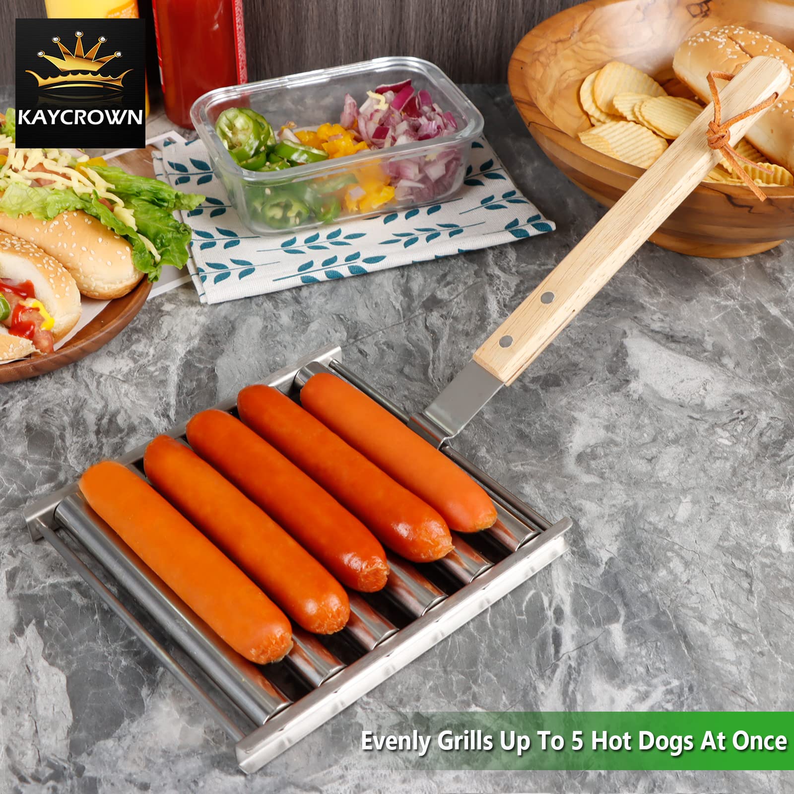 KAYCROWN Hot Dog Roller Stainless Steel Sausage Roller Rack with Extra Long Wood Handle, BBQ Hot Dog Griller For Evenly Cooked Hot Dogs, 5 Hot Dog Capacity