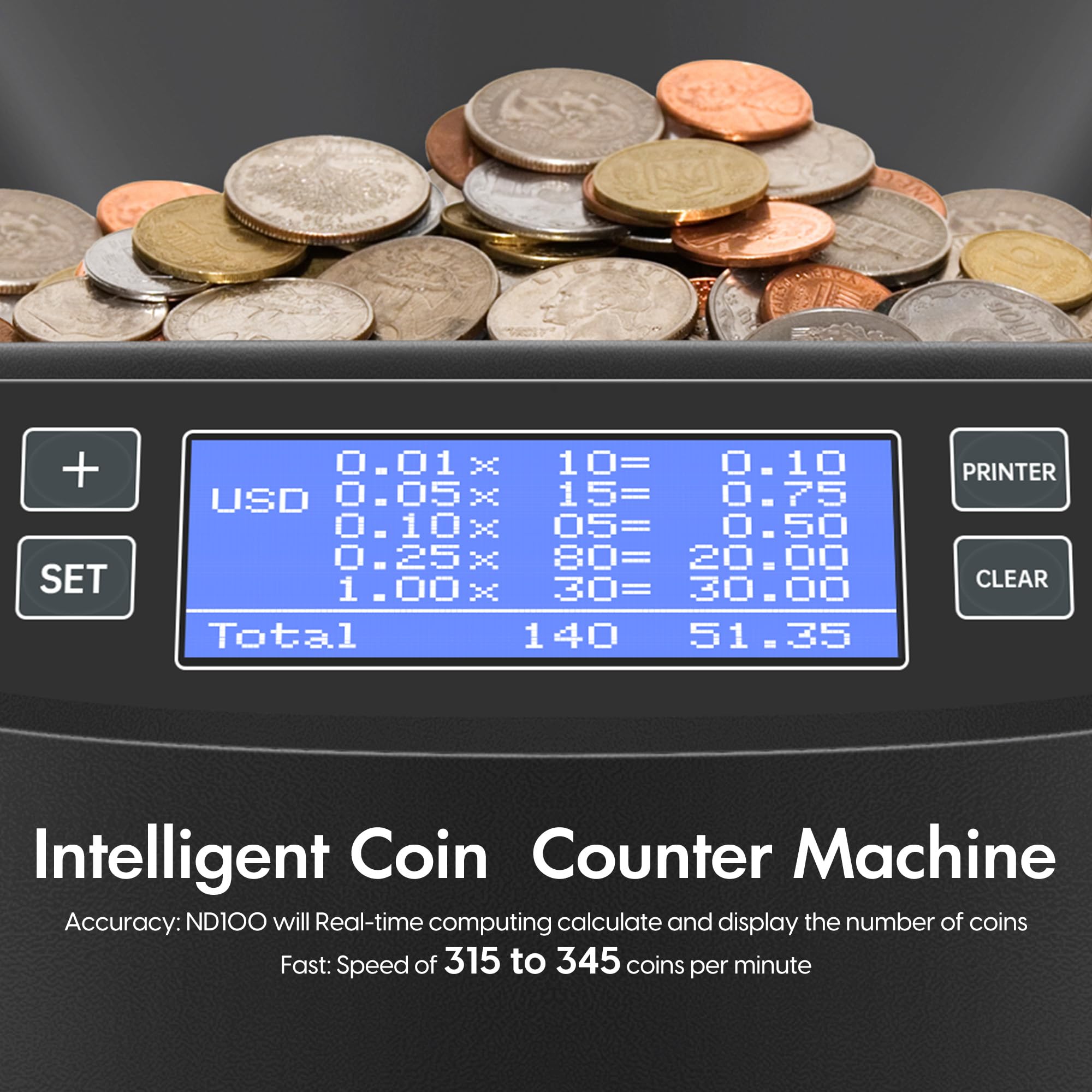 Ninedeers ND100 Coin Counter Sorter Machine and Wrapper/Roller, Sorts up to 345 Coins Per Minute, Comes with Intelligent Counting & Sorting Report & Printing-Compatible Function, Preformed Wrappers