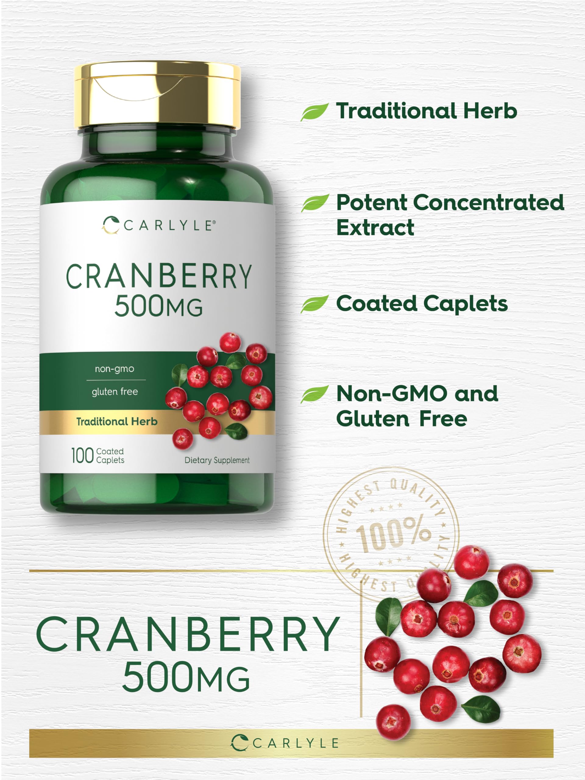 Carlyle Cranberry Pills | 500mg | 100 Caplets | Non-GMO, Gluten Free Supplement