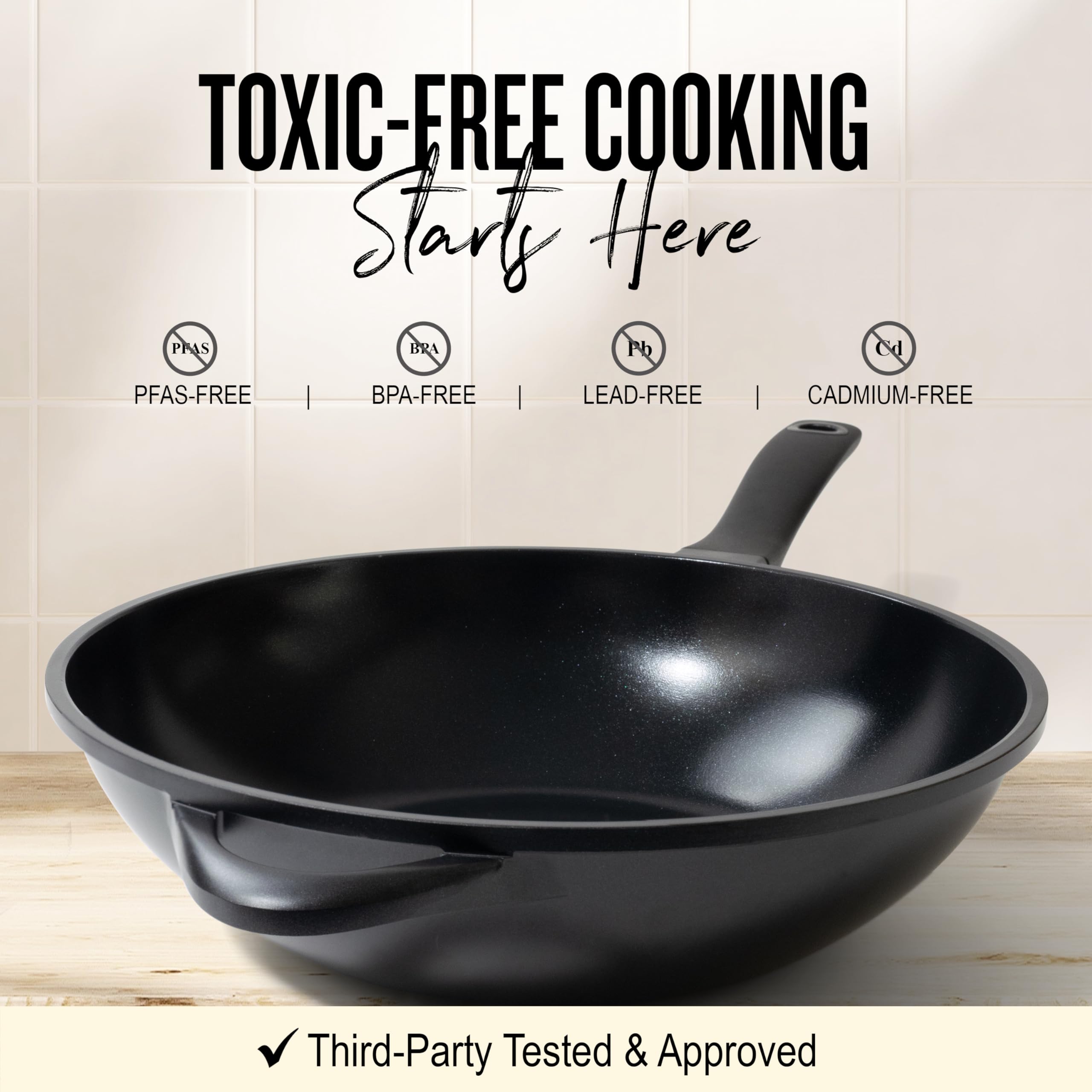 Alva Energy 12″ Ceramic Nonstick Wok – Made with No PFAS/PFOA/PTFE, Lightweight & Scratch-Resistant, Induction & All Stovetop Safe, Easy-Clean Stir Fry Pan with Stay-Cool Handle, Black