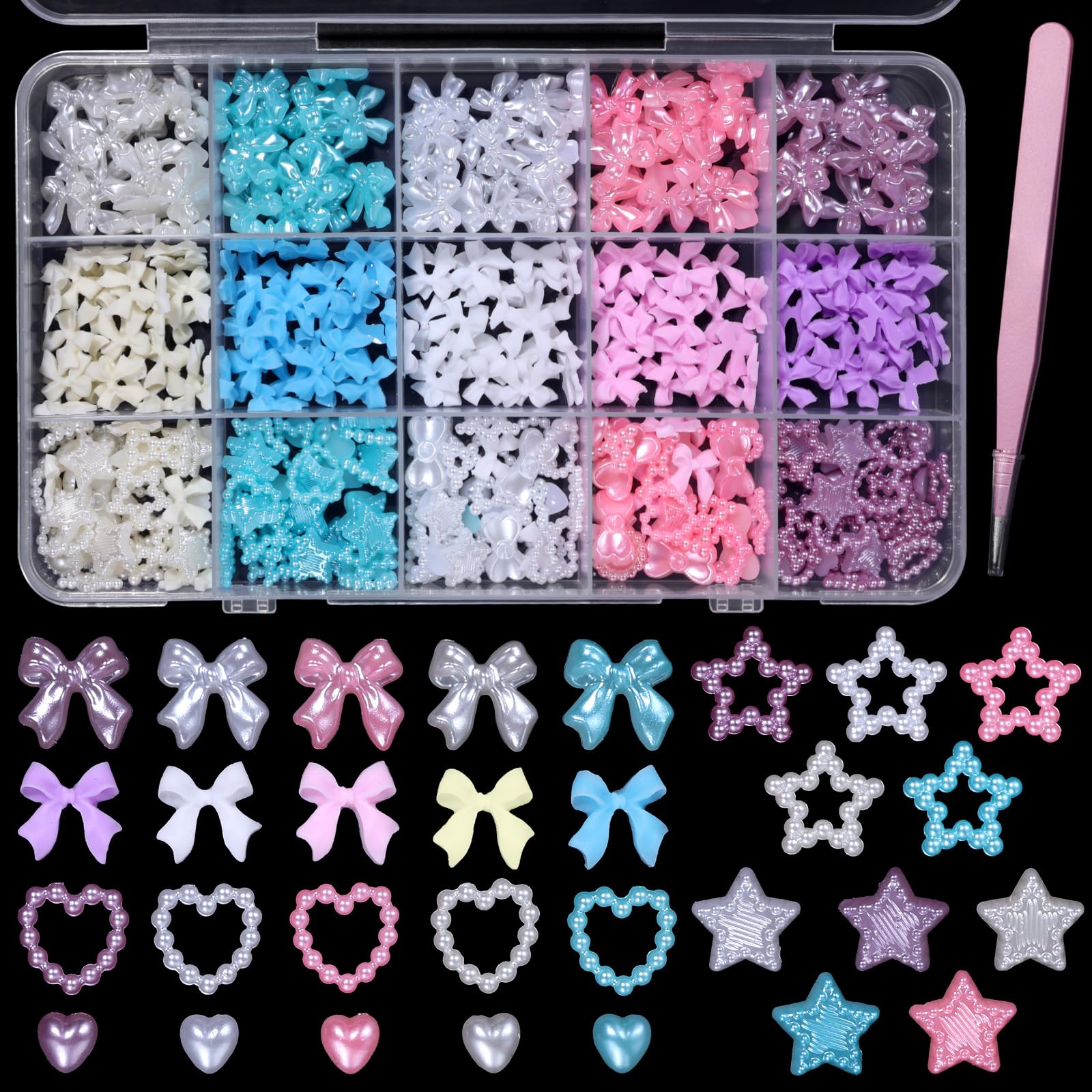 Bows Nail Charms and Flatback Nail Charms, Multi Colors Bows Nail Art Charms+Heart Star Nail Charms, Colorful Acrylic Nail Charms Pearls Nail Jewelry Charms for Nails Art DIY Crafts Accessories