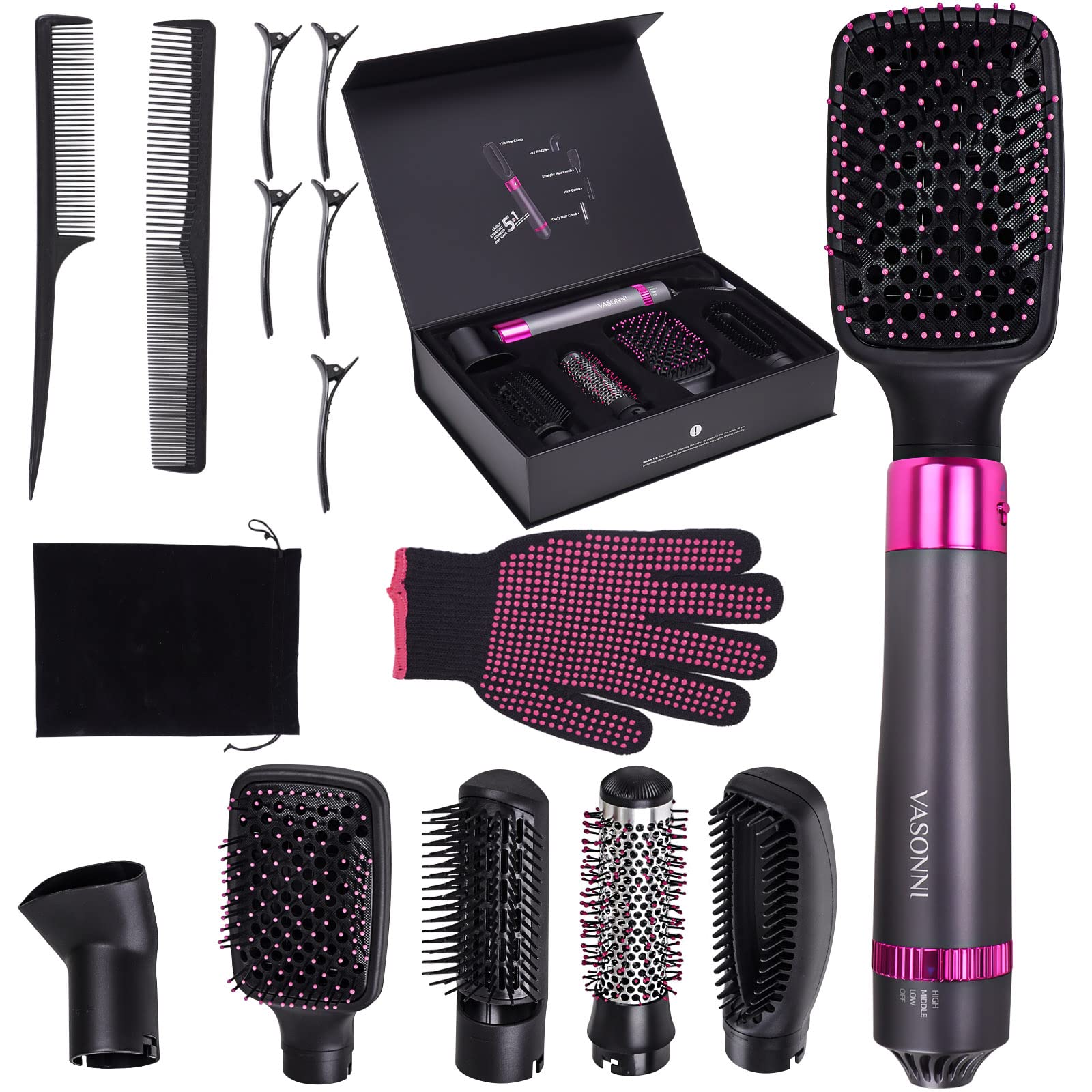 VASONNI 5 in 1 Hair Dryer Brush, Negative Ion Electric Hot Air Blow Dryer Brush Comb (black-red)